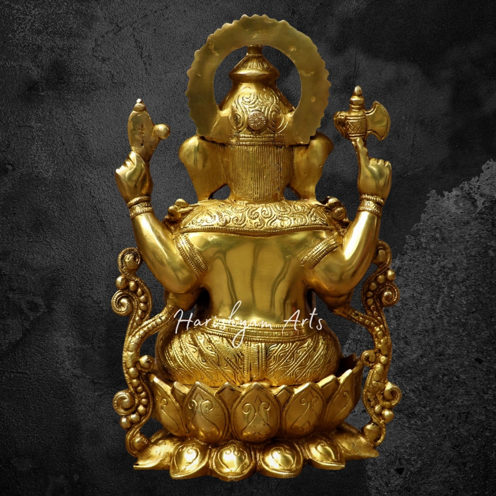13" Brass Ganesh Statue Carved On Lotus Base