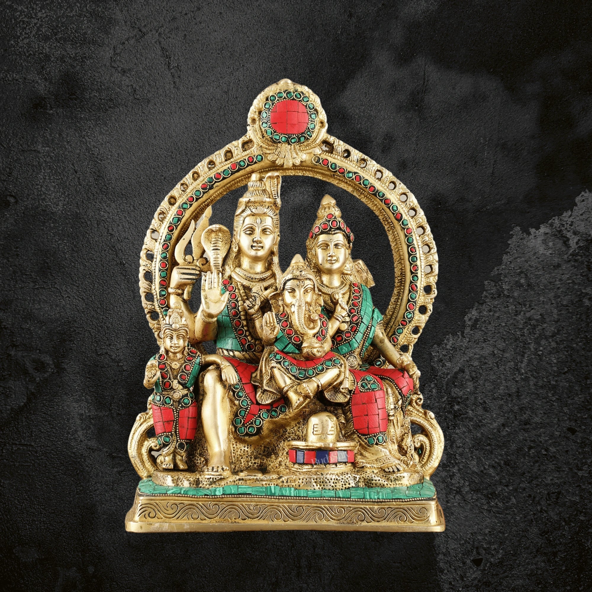 13" Brass Shiva Family Statue for Puja with Intricate Stonework Frame