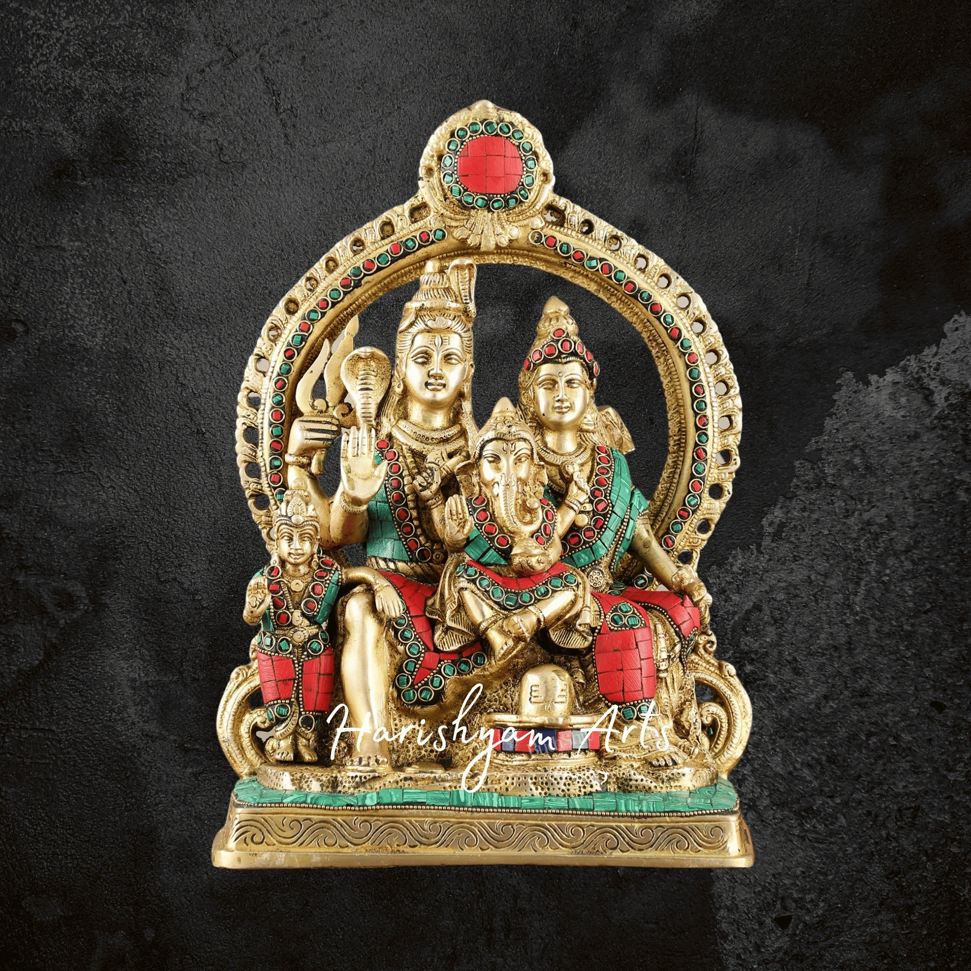 13" Brass Shiva Family Statue for Puja with Intricate Stonework Frame