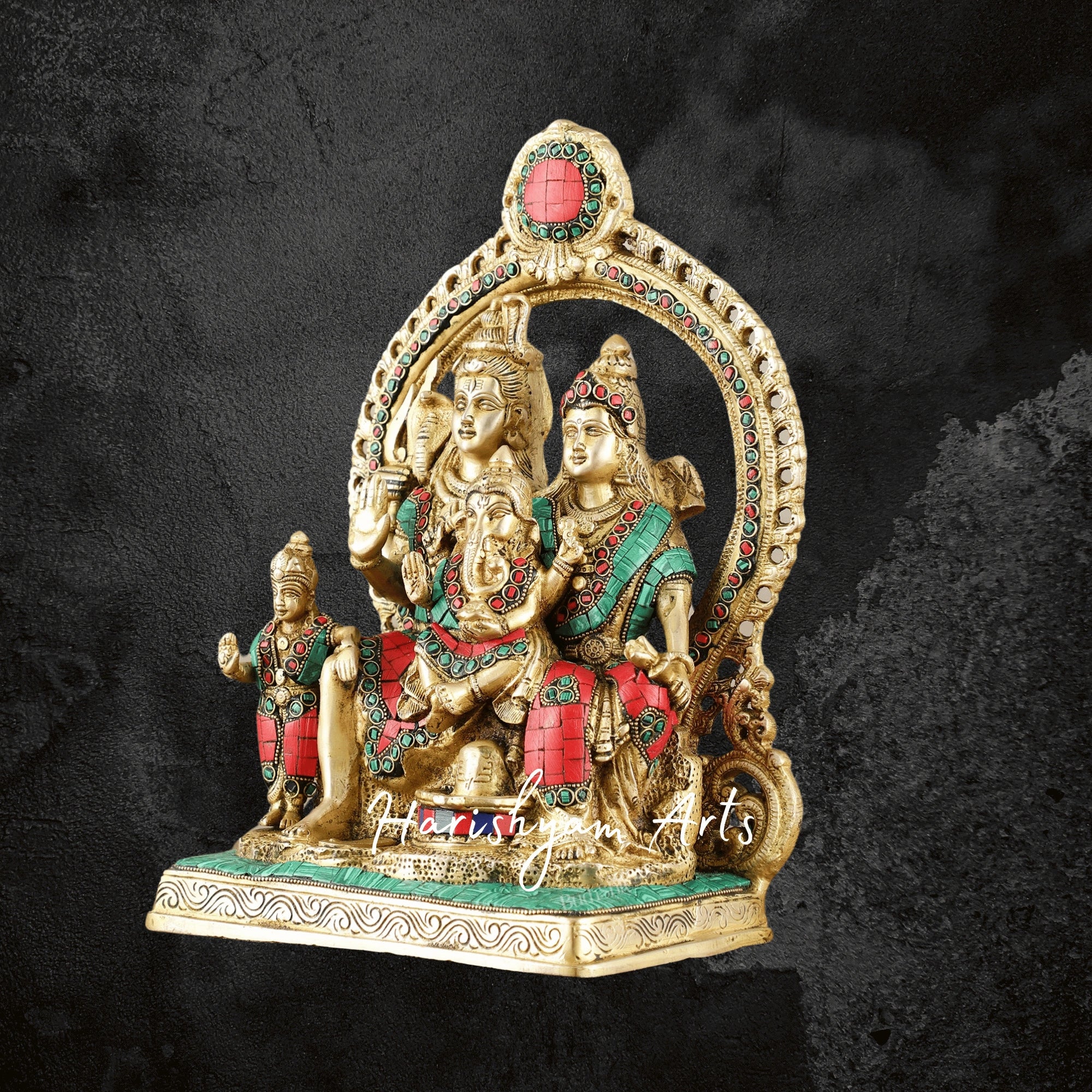 13" Brass Shiva Family Statue for Puja with Intricate Stonework Frame