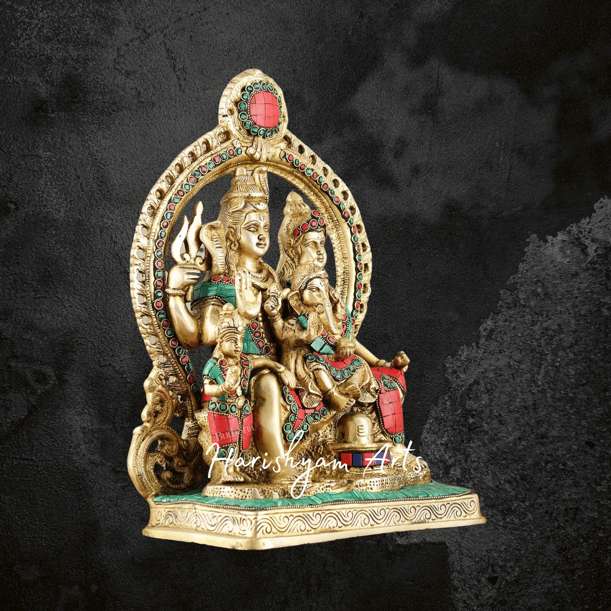 13" Brass Shiva Family Statue for Puja with Intricate Stonework Frame