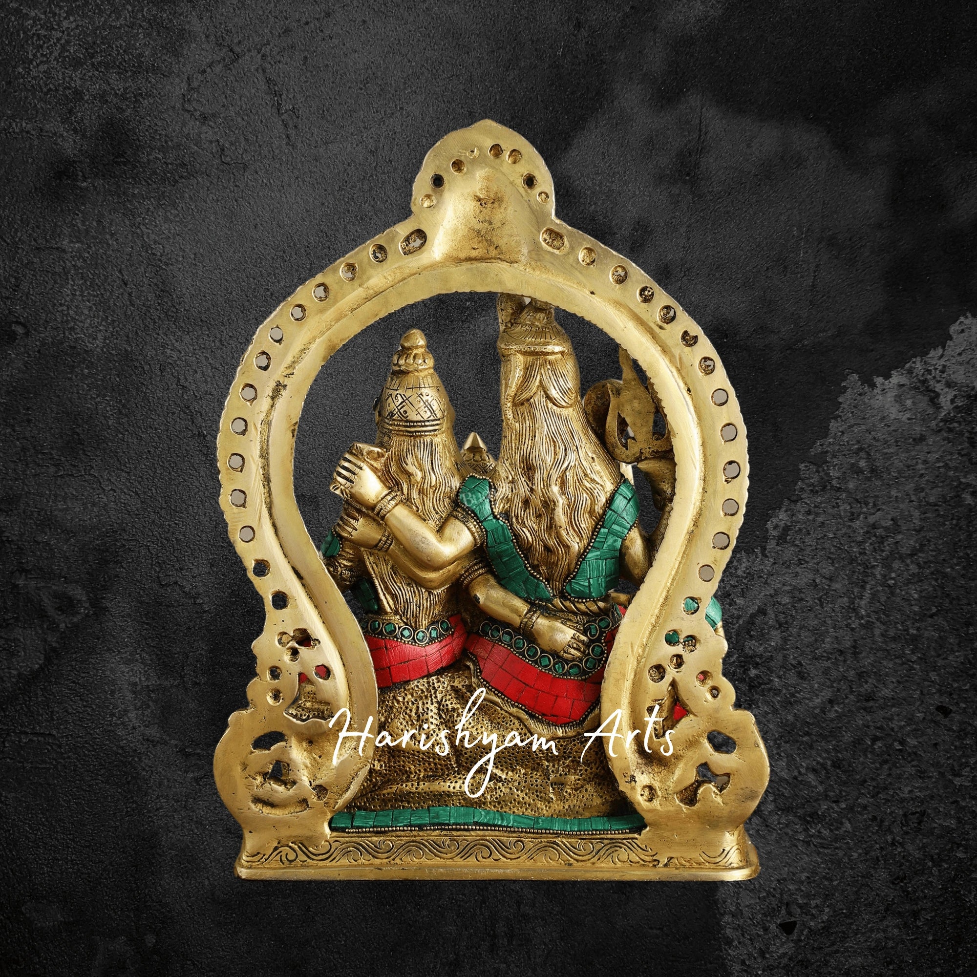 13" Brass Shiva Family Statue for Puja with Intricate Stonework Frame