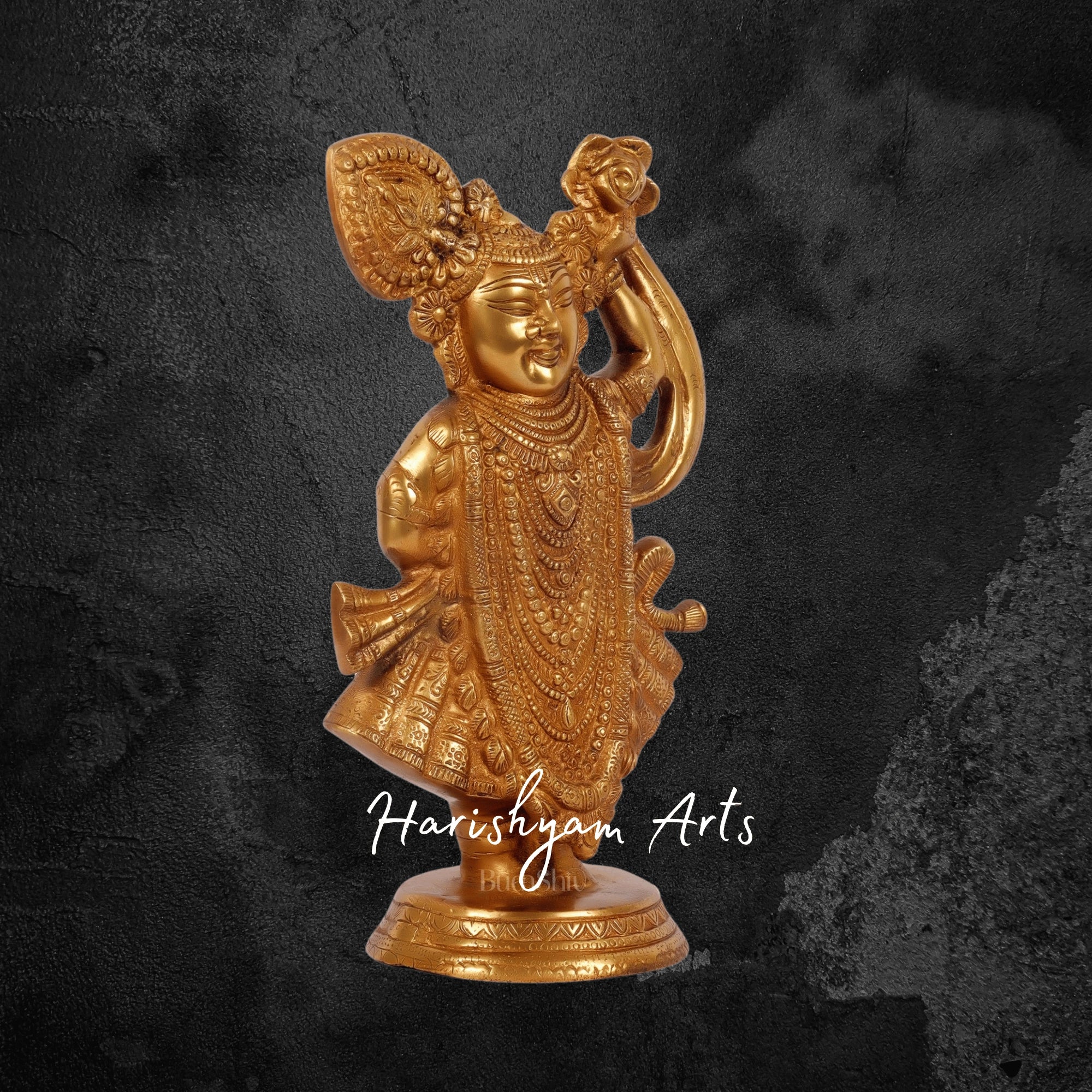 13" Brass Shreenath Ji Figurine from Nathdwara with Intricate Detailing