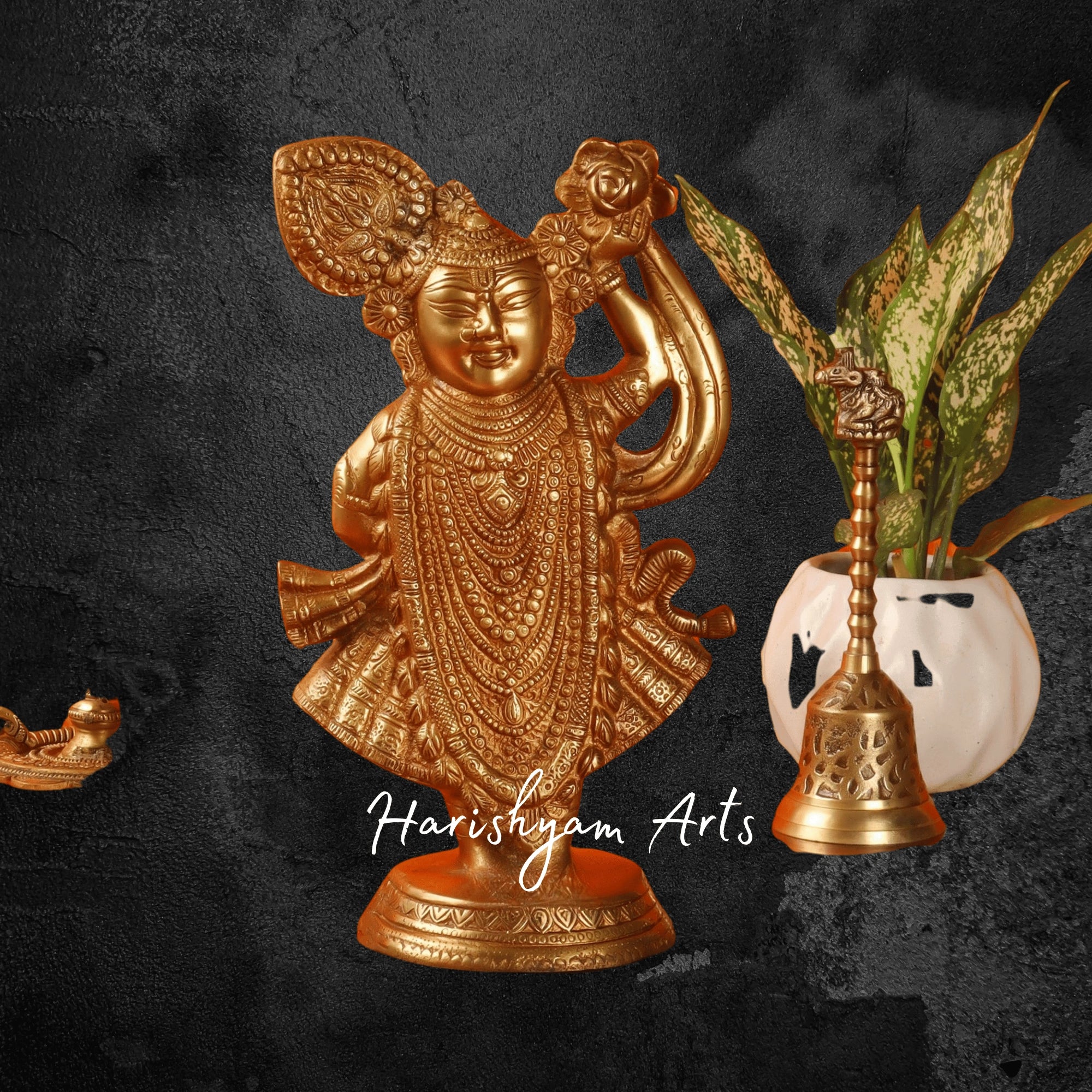 13" Brass Shreenath Ji Figurine from Nathdwara with Intricate Detailing