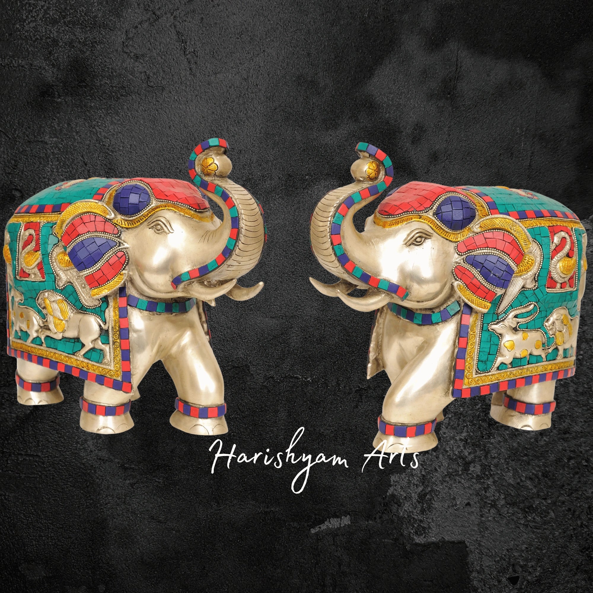 13" Elegant Brass Elephant Pair with Traditional Inlay Detailing