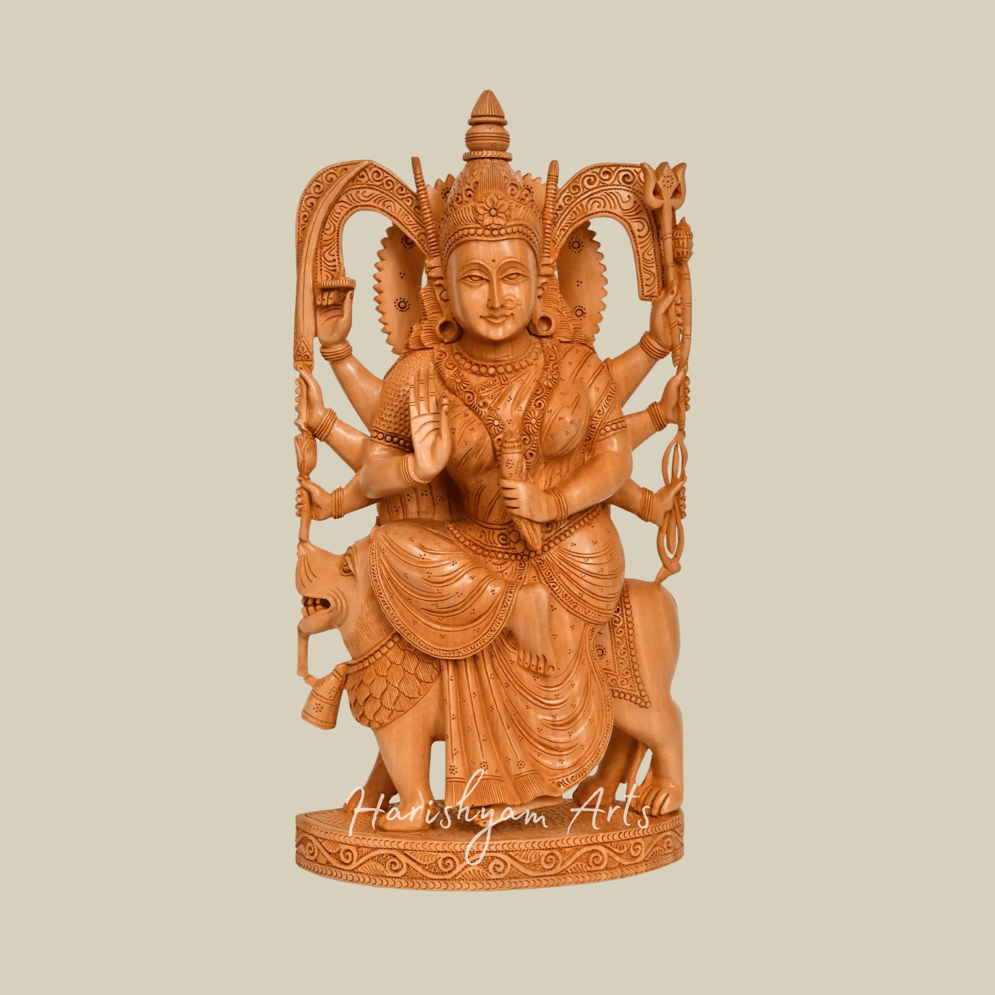 13" Goddess Durga Kadamba Wood Statue Exquisite Hand Carved Wood Goddess Durga