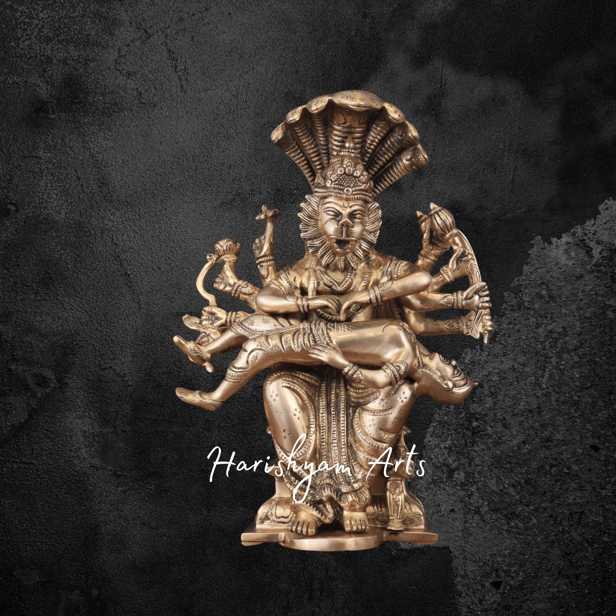 13" Pure Brass Narasimha Killing Hiranyakashipu with Prahlad – Fierce Vishnu Avatar Statue