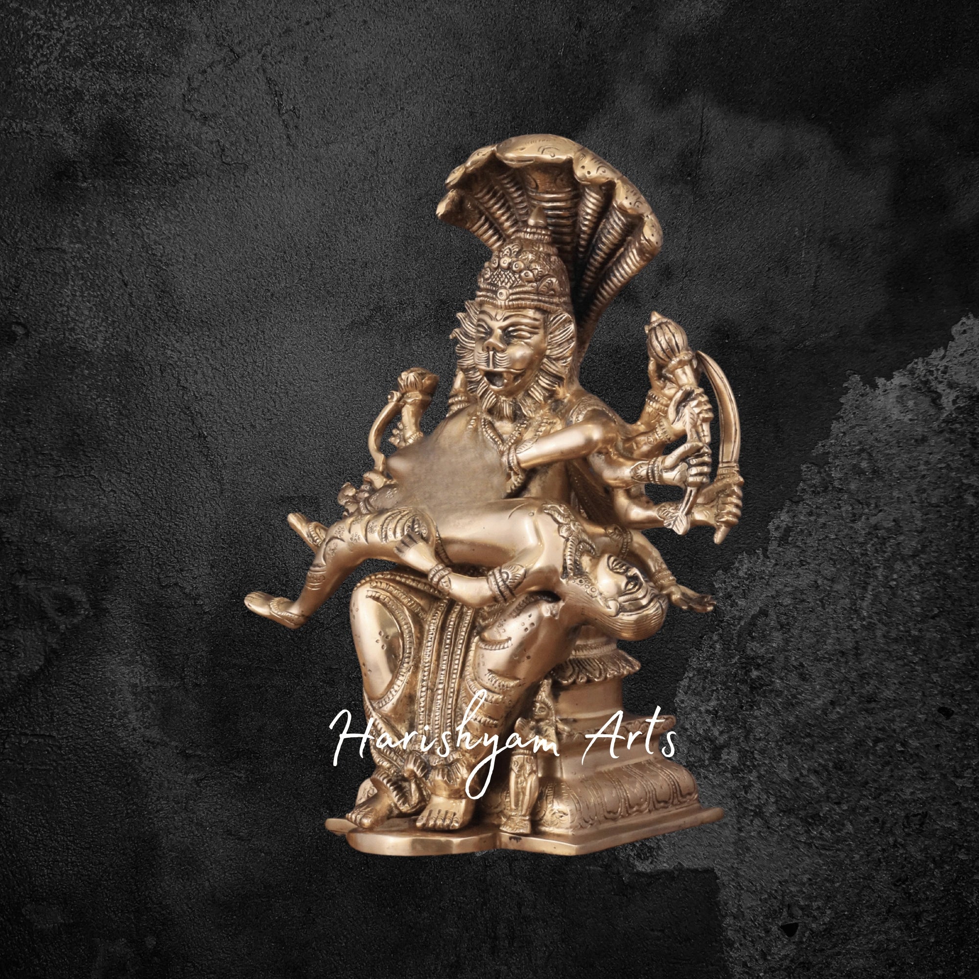 13" Pure Brass Narasimha Killing Hiranyakashipu with Prahlad – Fierce Vishnu Avatar Statue3