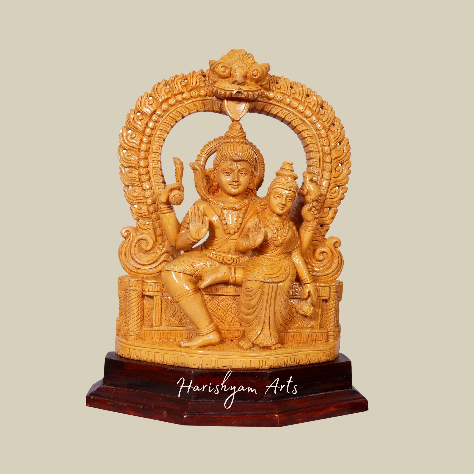 13" Wooden Lord Shiva with Parvati Seated on Pedestal Handmade Wooden Sculpture