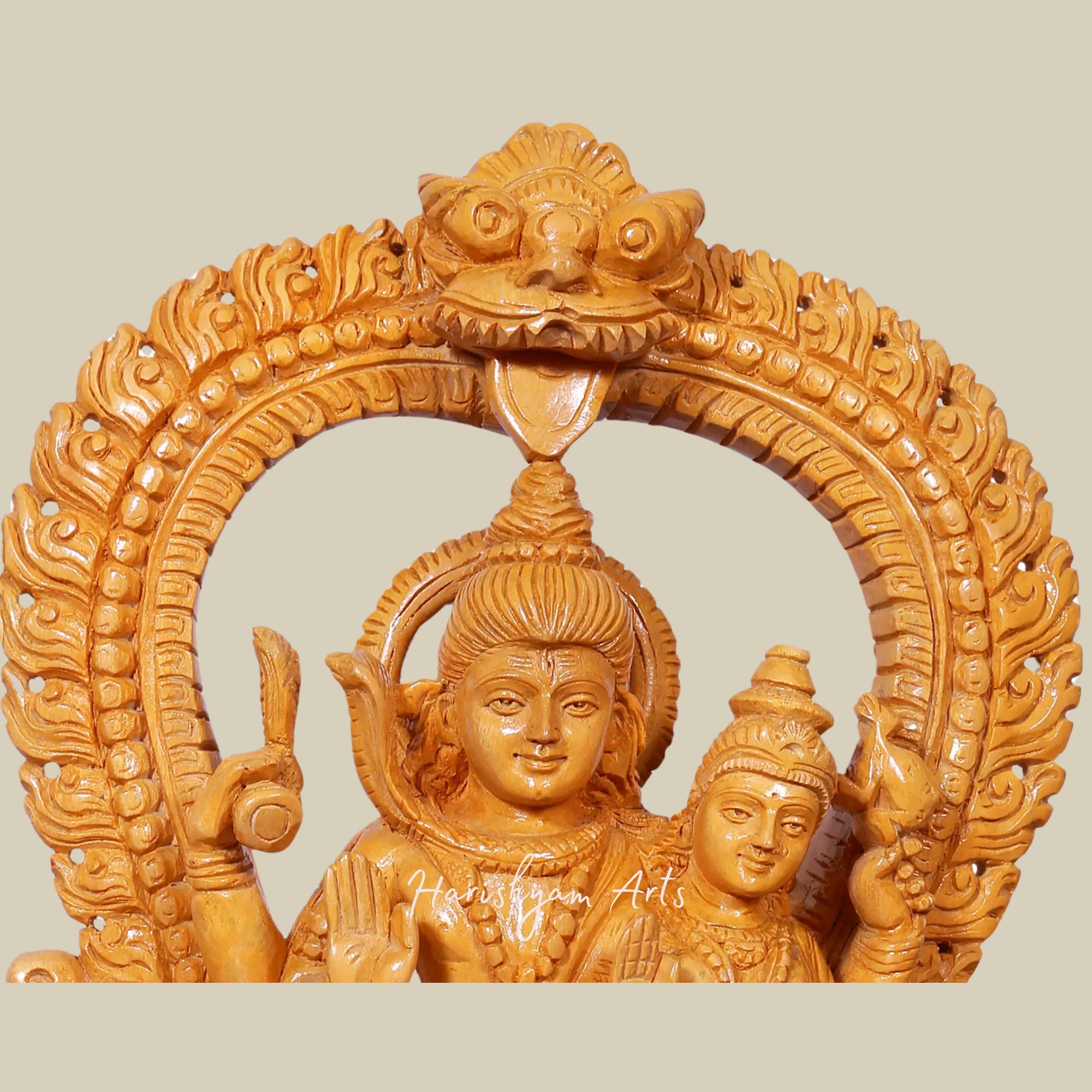 13" Wooden Lord Shiva with Parvati Seated on Pedestal Handmade Wooden Sculpture1