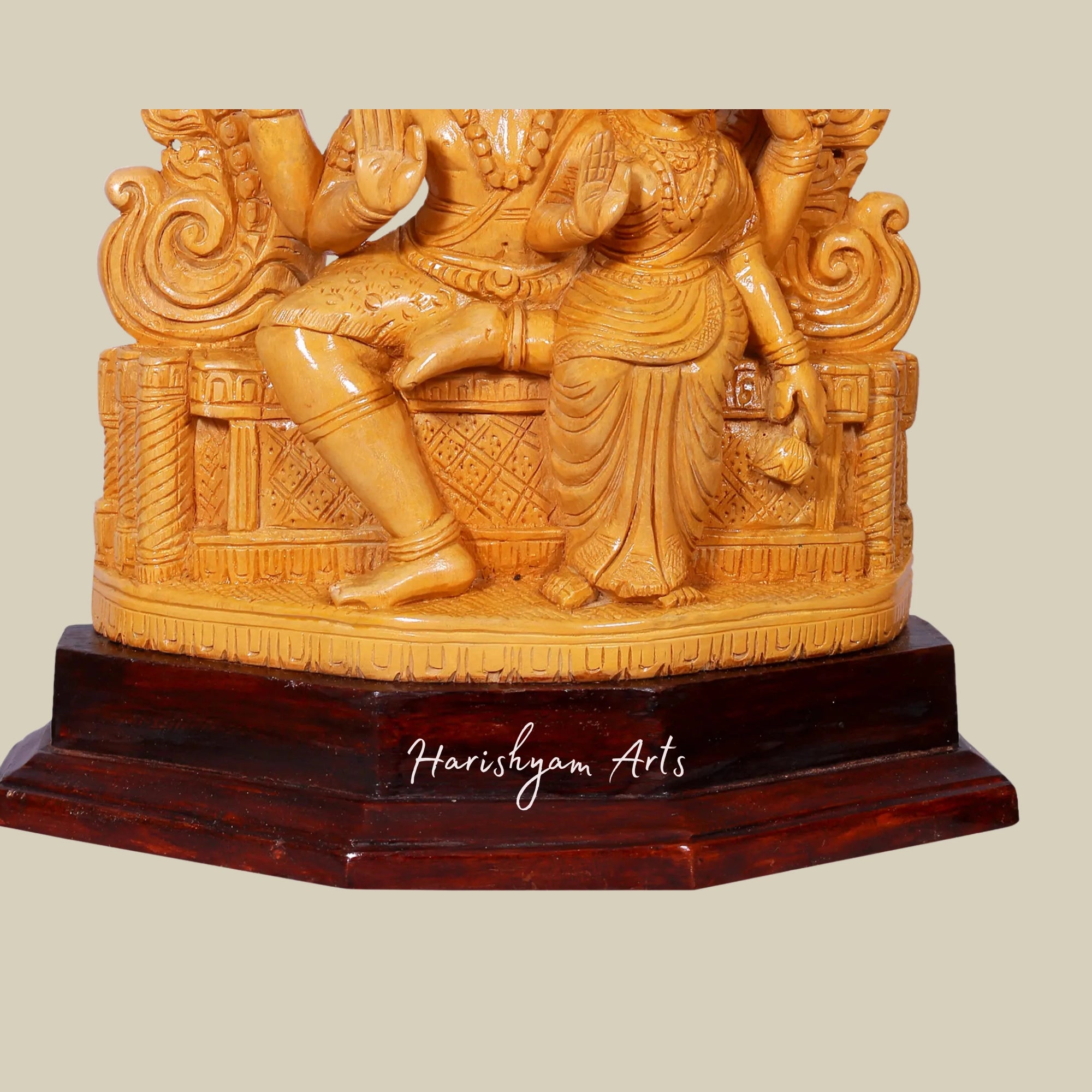 13" Wooden Lord Shiva with Parvati Seated on Pedestal Handmade Wooden Sculpture2