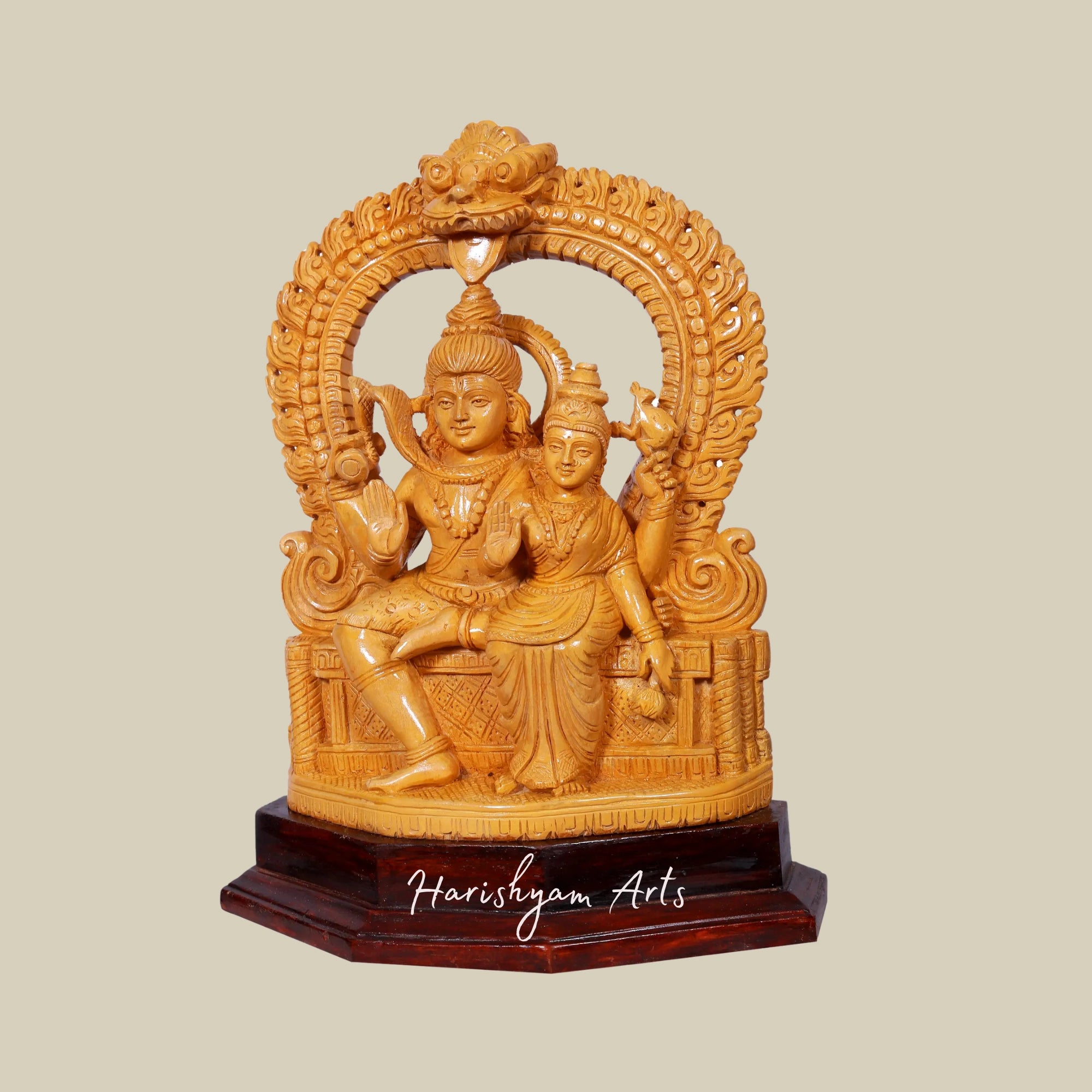 13" Wooden Lord Shiva with Parvati Seated on Pedestal Handmade Wooden Sculpture3