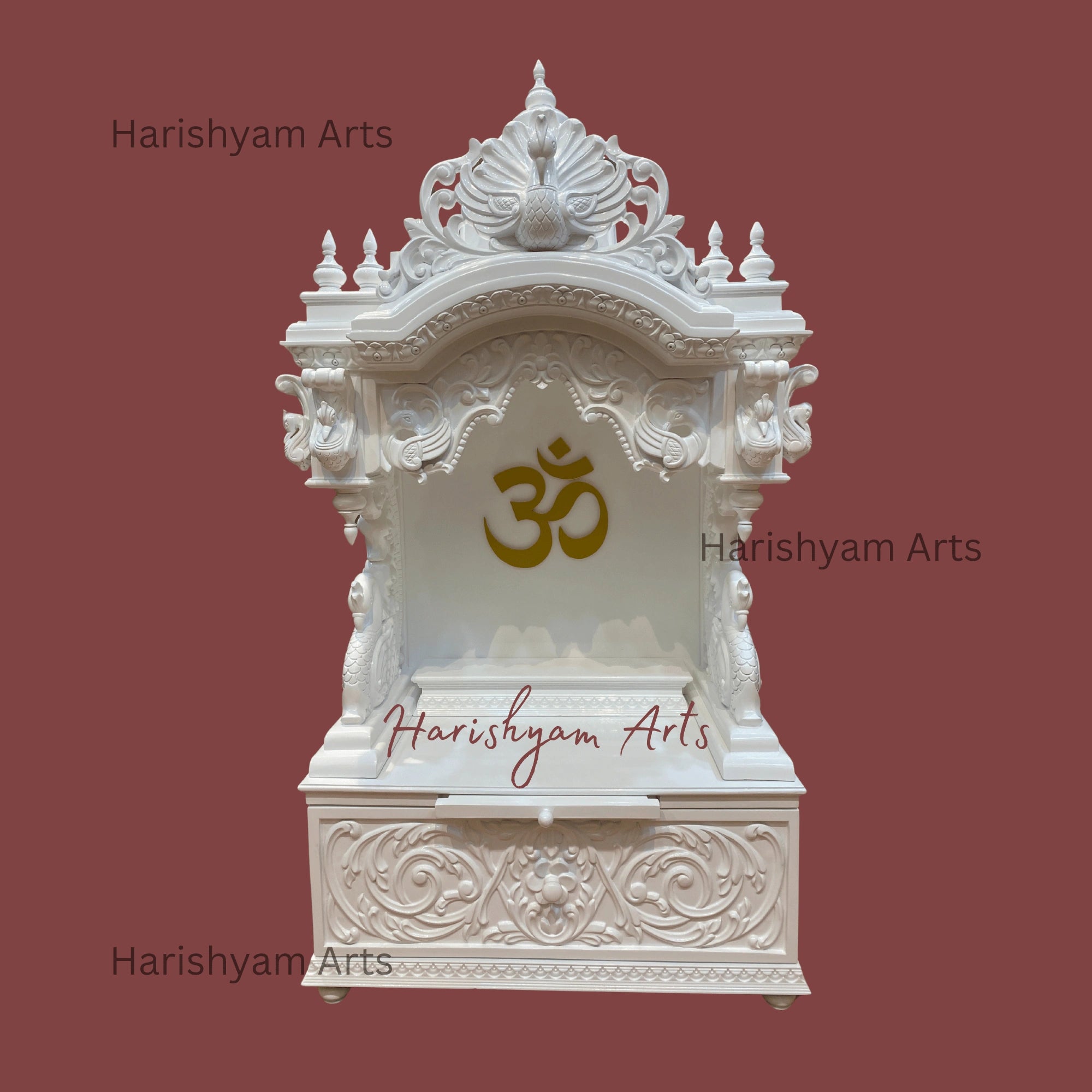 48" White Teak Wood Mandir with "Golden OM"