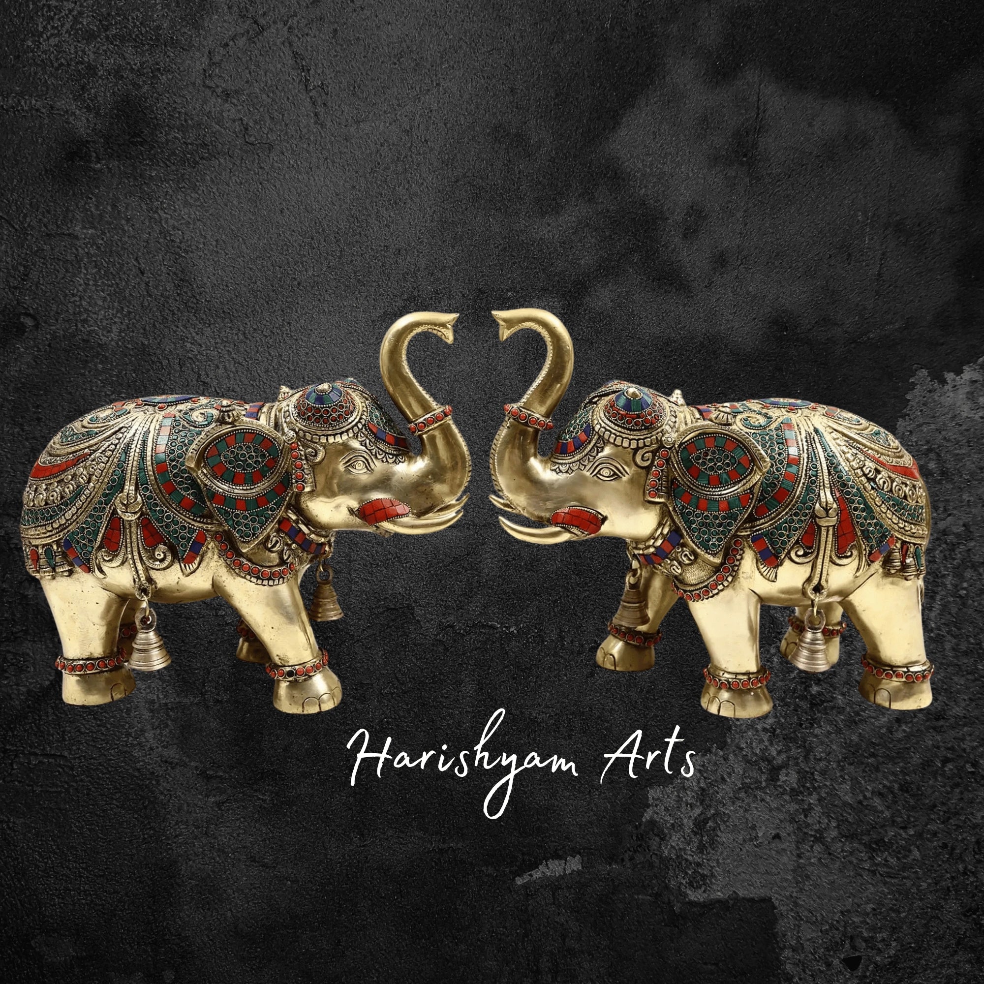 14" Brass Elephant Pair with Fine Inlay Work and Hand Engraving