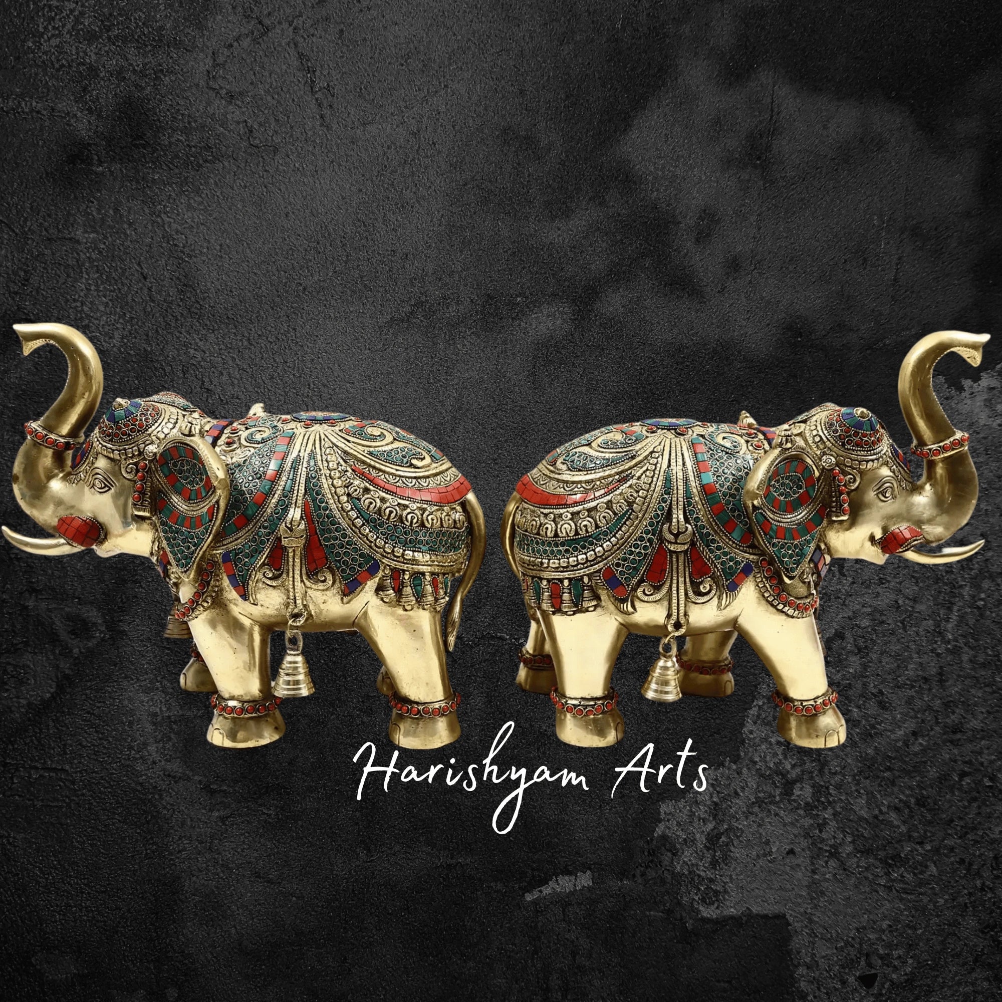 14" Brass Elephant Pair with Fine Inlay Work and Hand Engraving