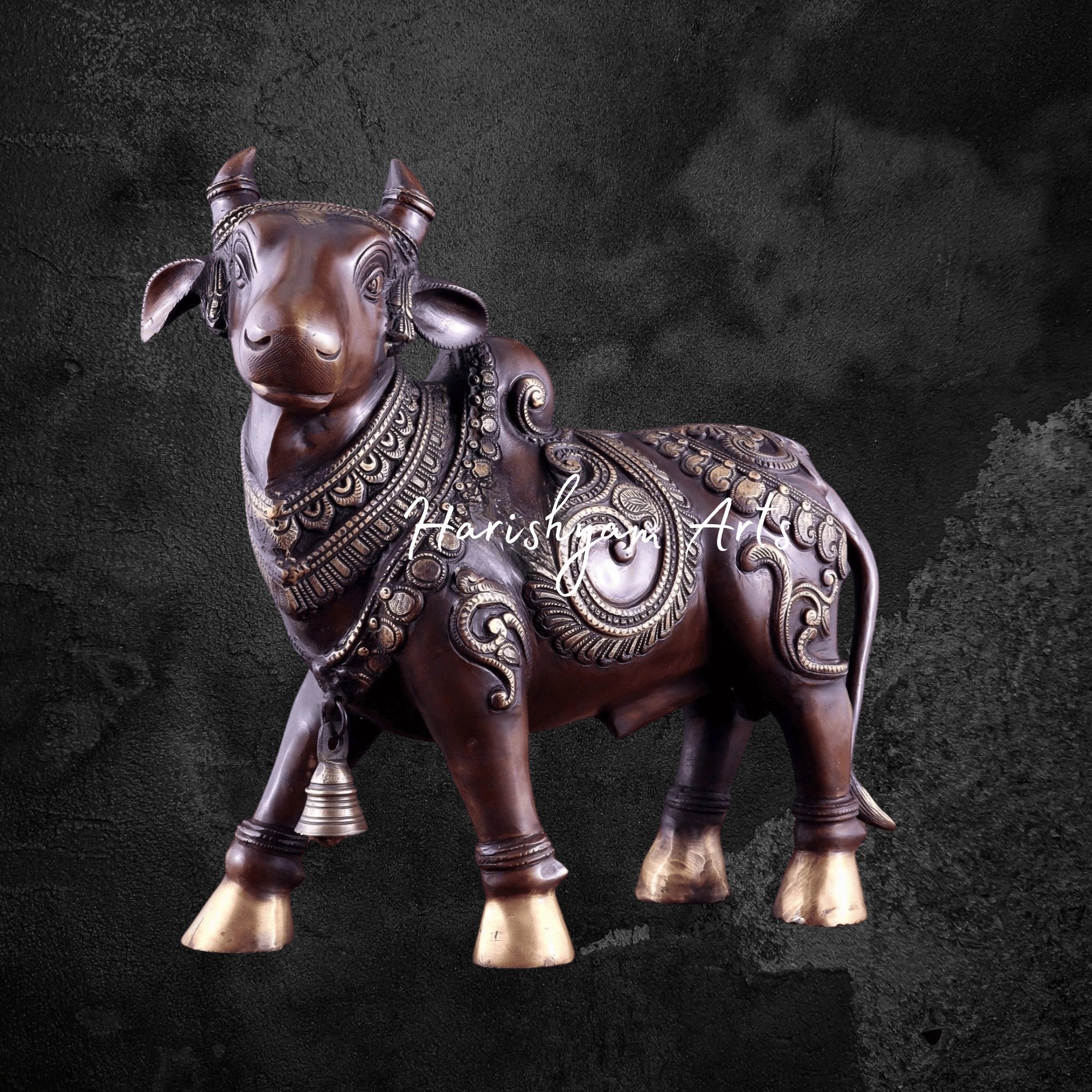 14" Copper Finish Brass Nandi Sculpture with Full Body Engravings