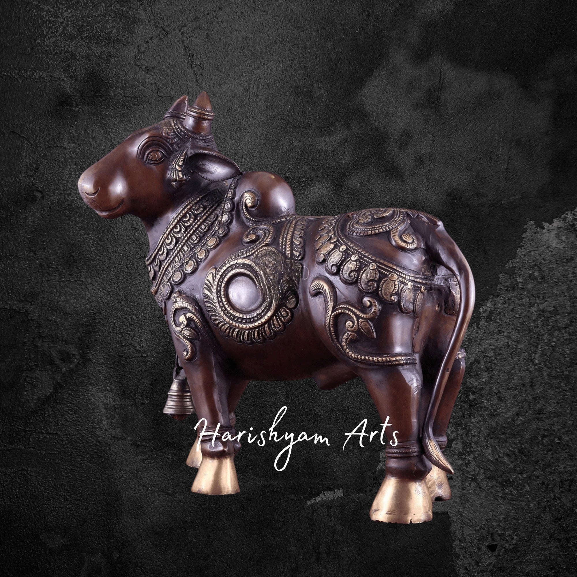 14" Copper Finish Brass Nandi Sculpture with Full Body Engravings