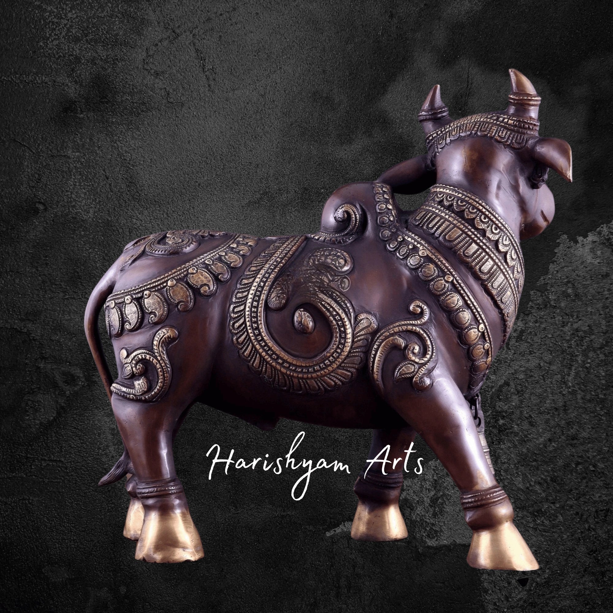 14" Copper Finish Brass Nandi Sculpture with Full Body Engravings