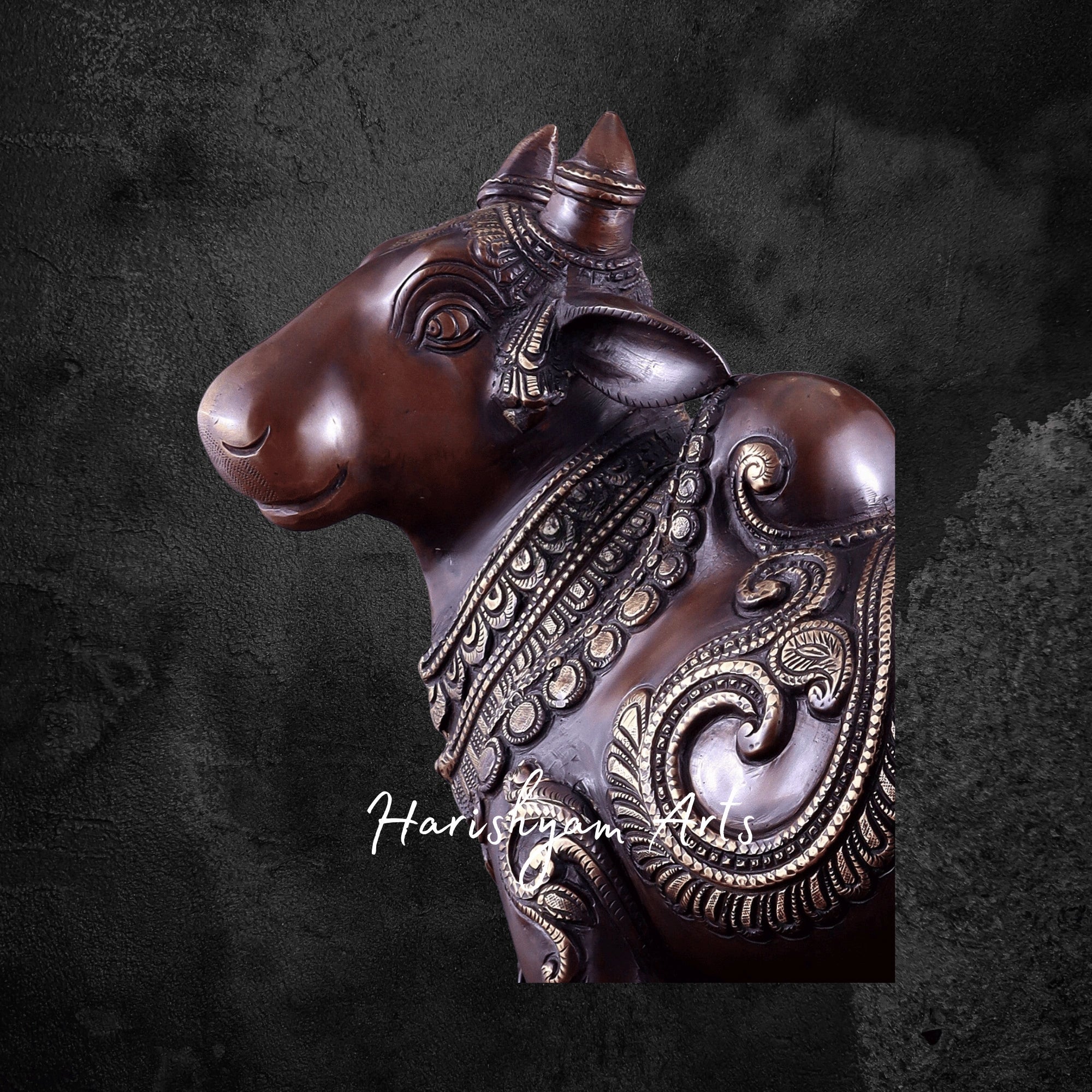 14" Copper Finish Brass Nandi Sculpture with Full Body Engravings