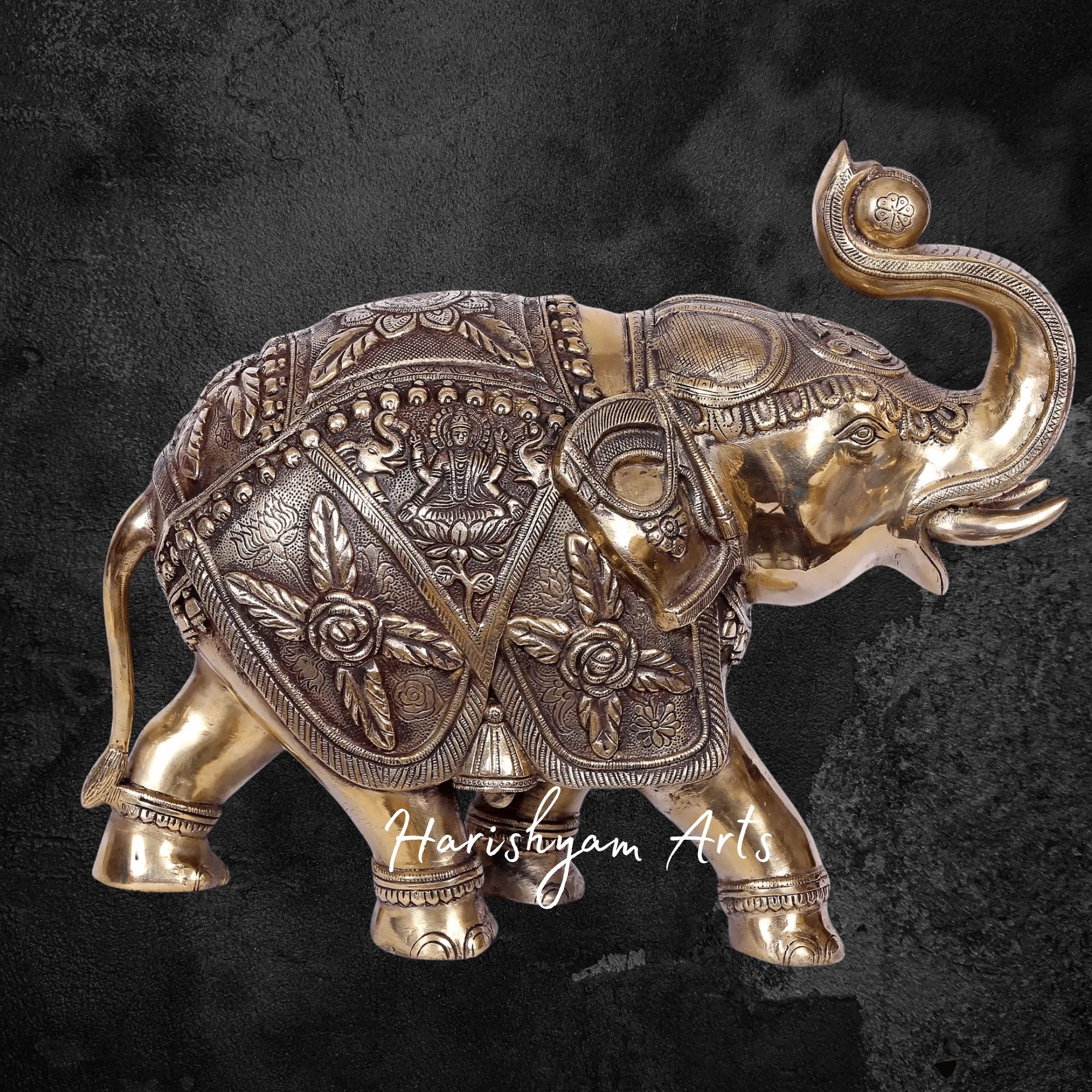 14" Divine Gold Plated Brass Elephant Featuring Lakshmi and Ganesha Engraving