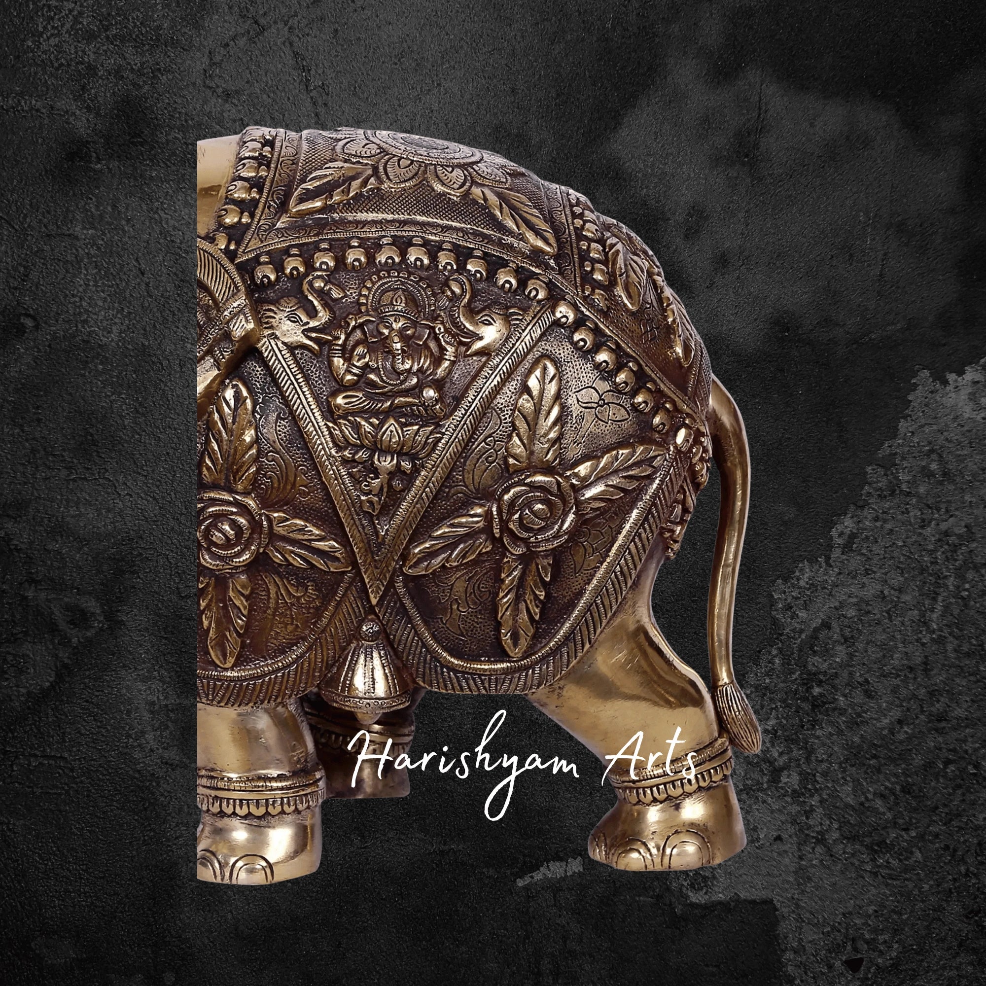 14" Divine Gold Plated Brass Elephant Featuring Lakshmi and Ganesha Engraving