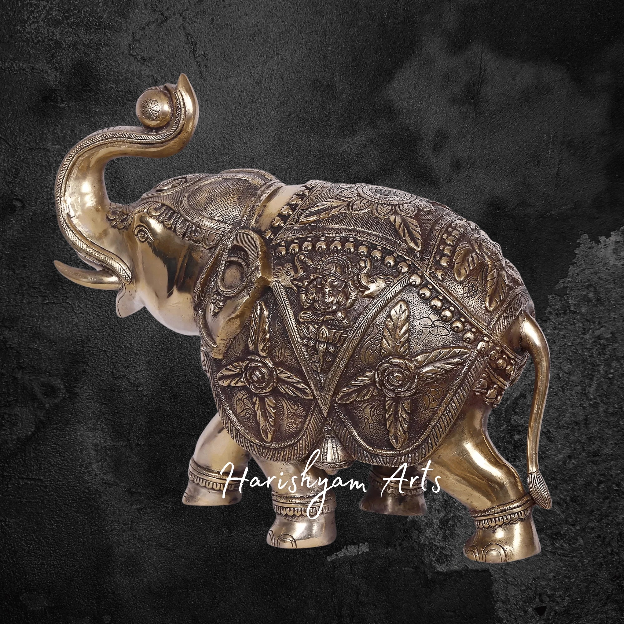 14" Divine Gold Plated Brass Elephant Featuring Lakshmi and Ganesha Engraving