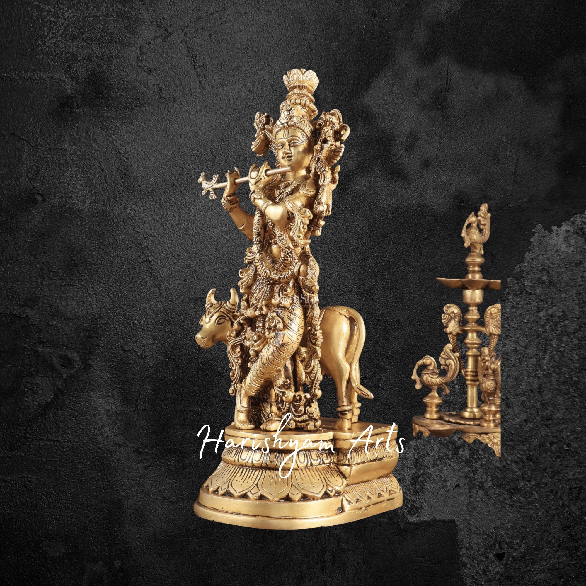 14" Divine Standing Krishna Brass Sculpture with Holy Cow