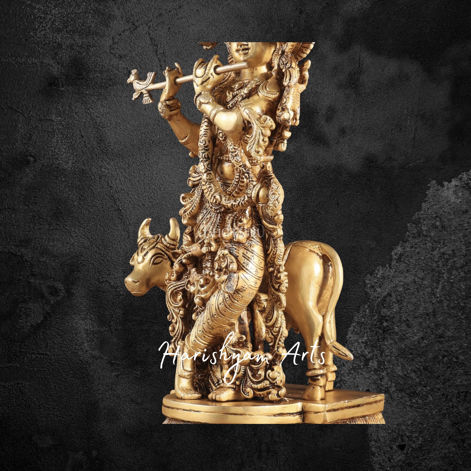 14" Divine Standing Krishna Brass Sculpture with Holy Cow