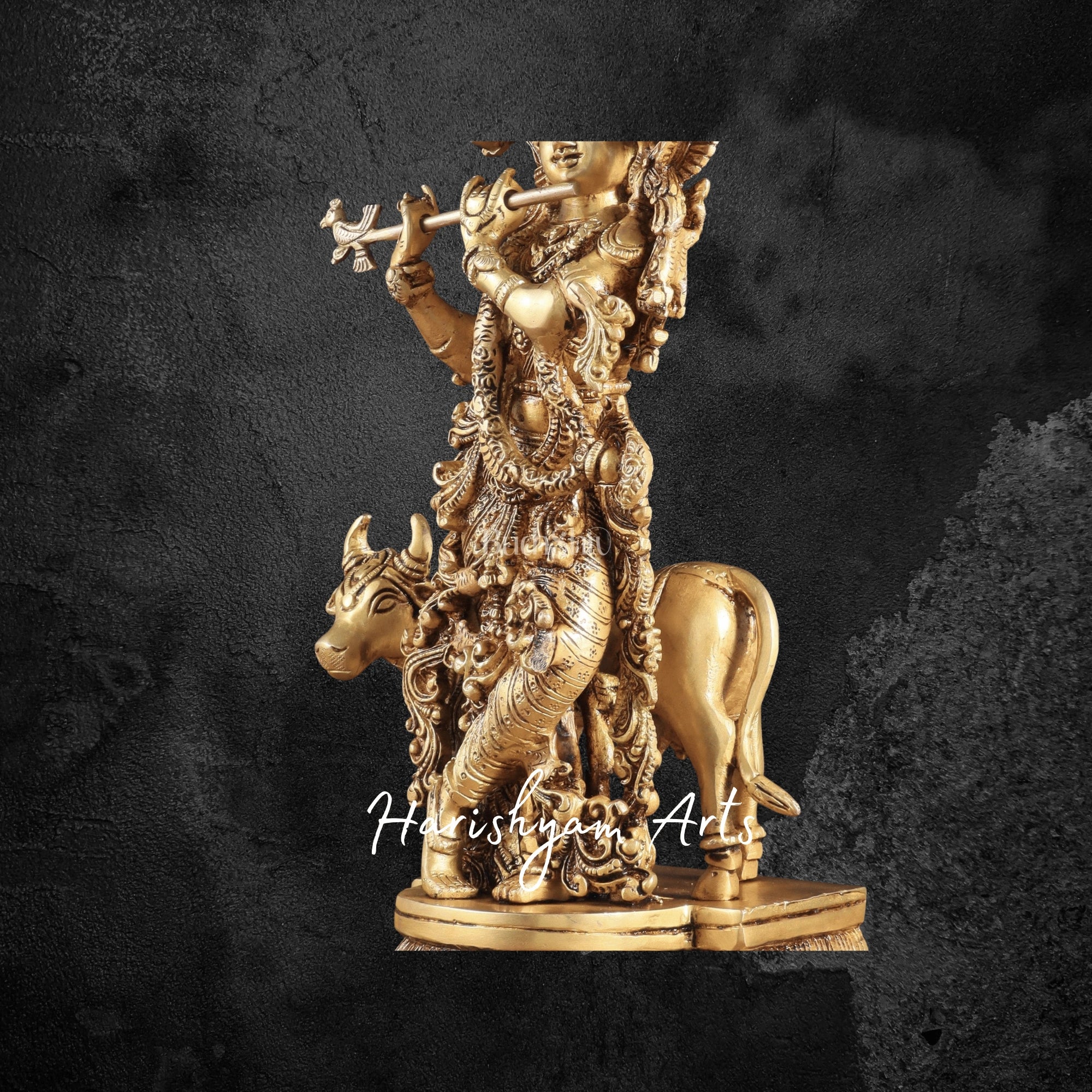 14" Divine Standing Krishna Brass Sculpture with Holy Cow