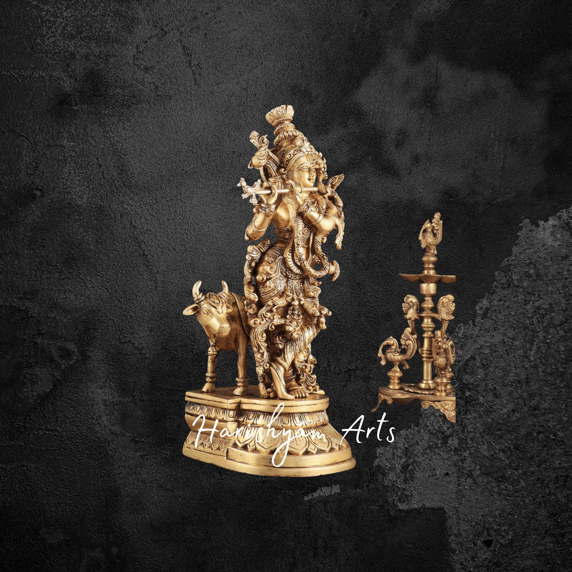 14" Divine Standing Krishna Brass Sculpture with Holy Cow