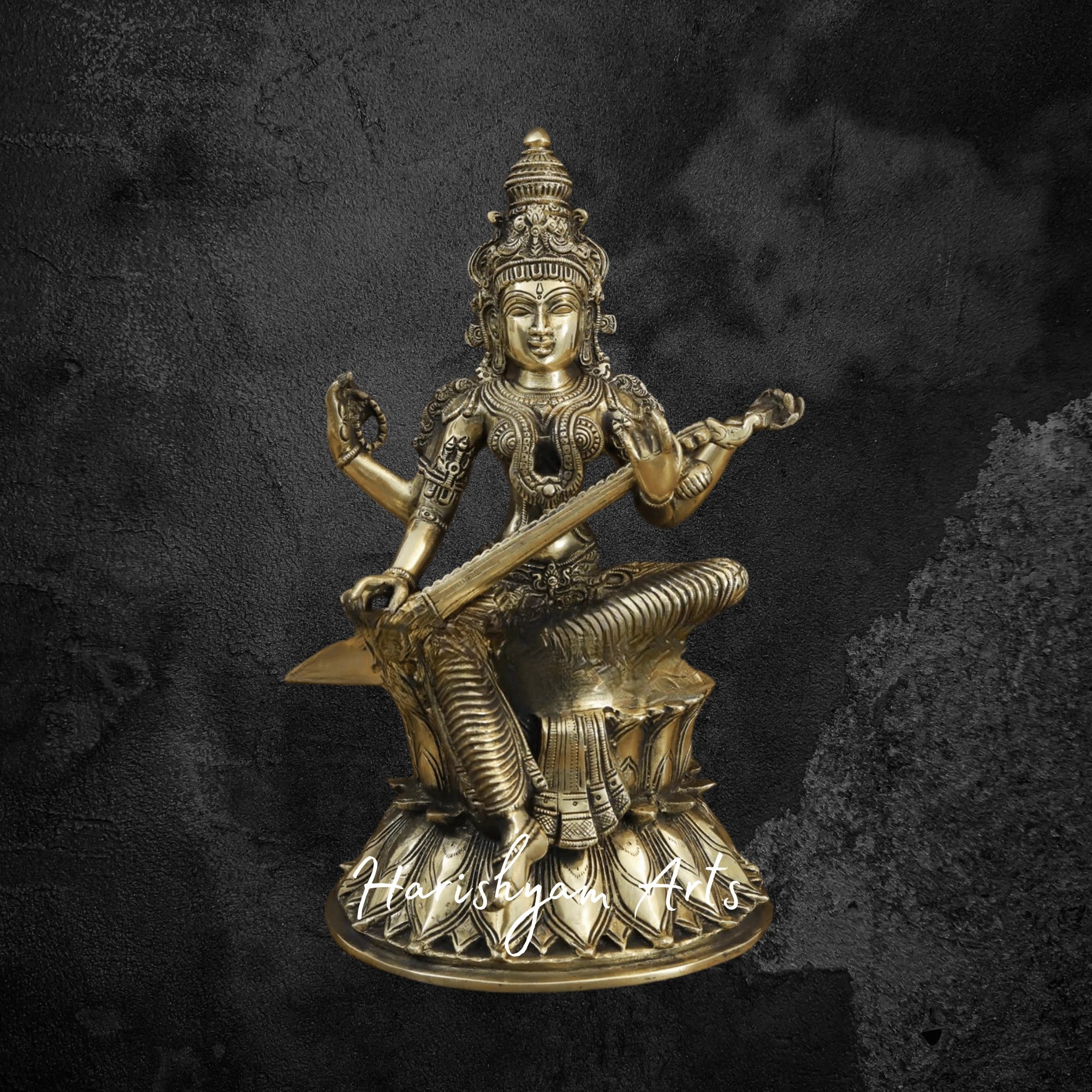 14" Graceful Brass Saraswati Statue Seated on Lotus with Fine Golden Finish