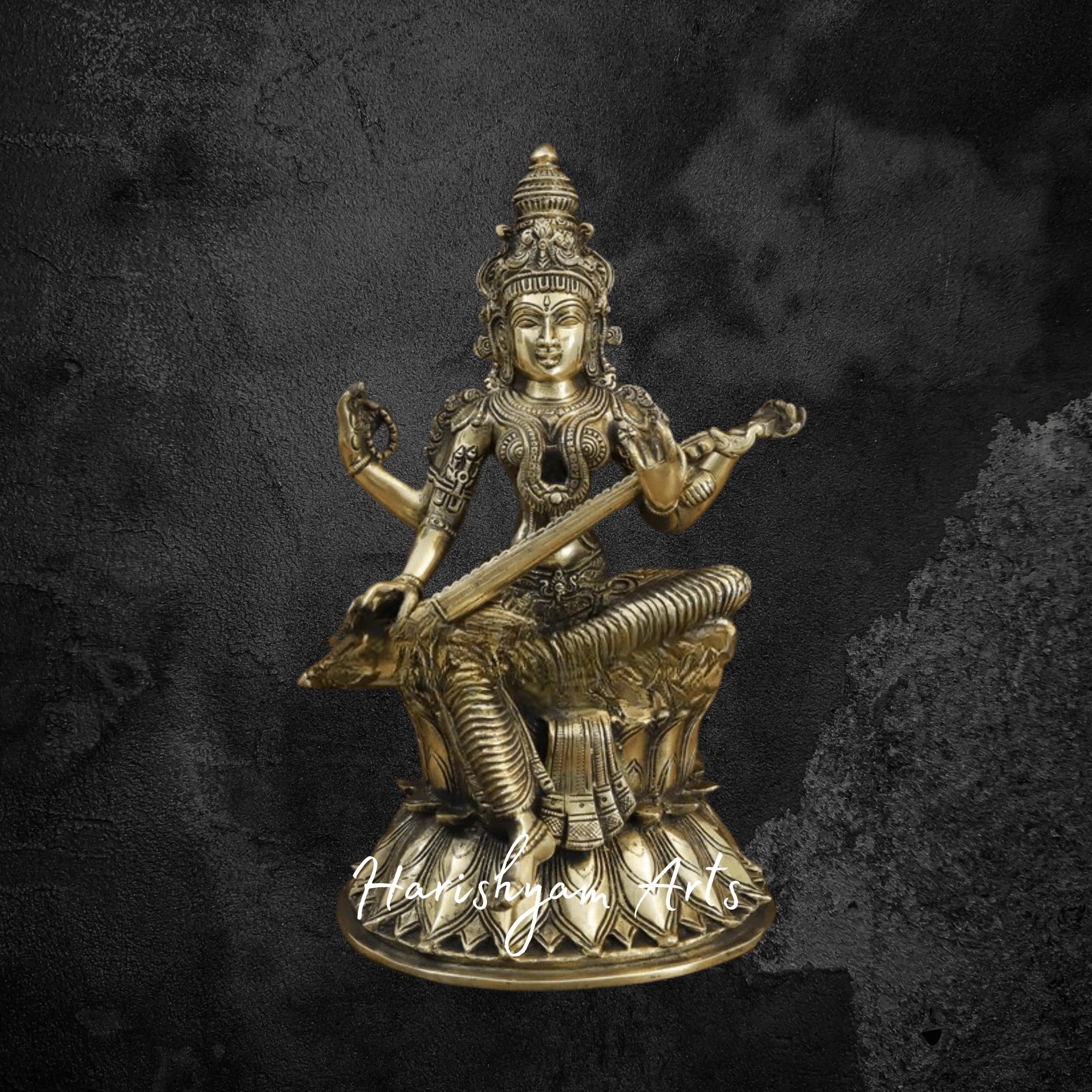 14" Graceful Brass Saraswati Statue Seated on Lotus with Fine Golden Finish