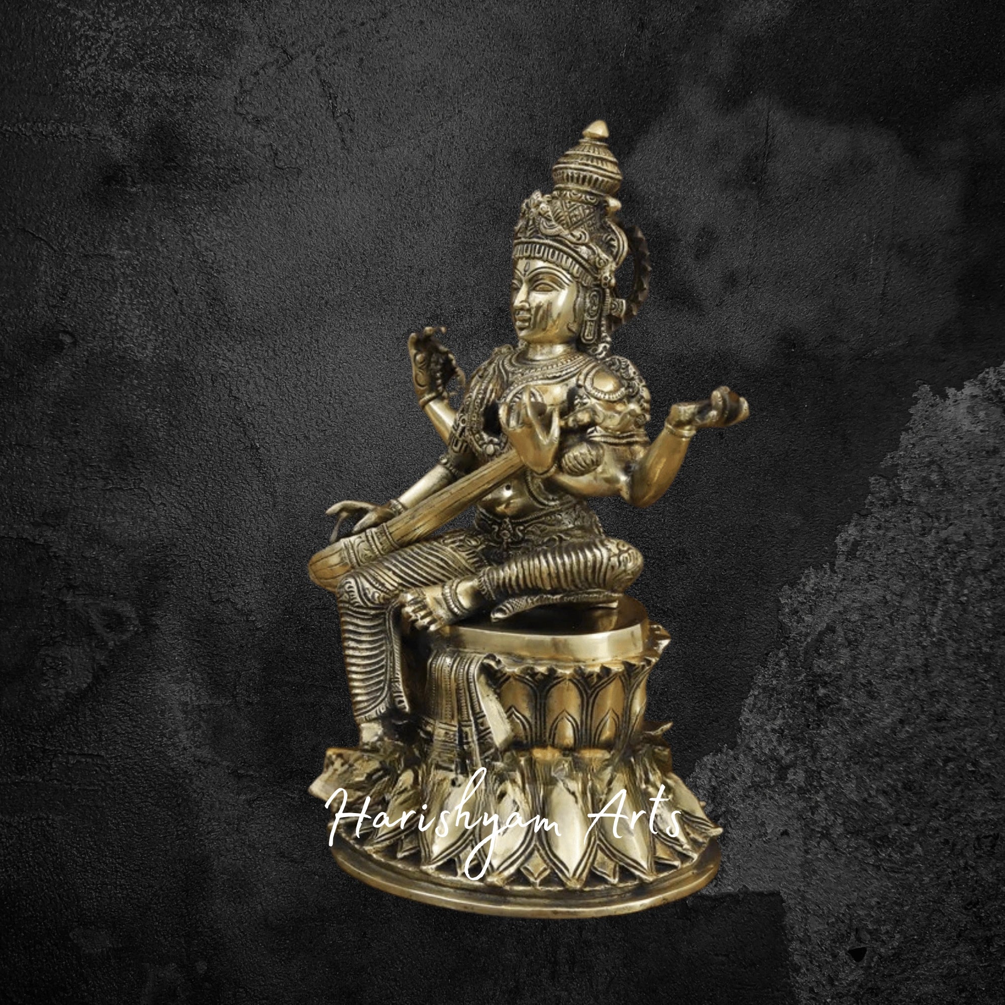 14" Graceful Brass Saraswati Statue Seated on Lotus with Fine Golden Finish