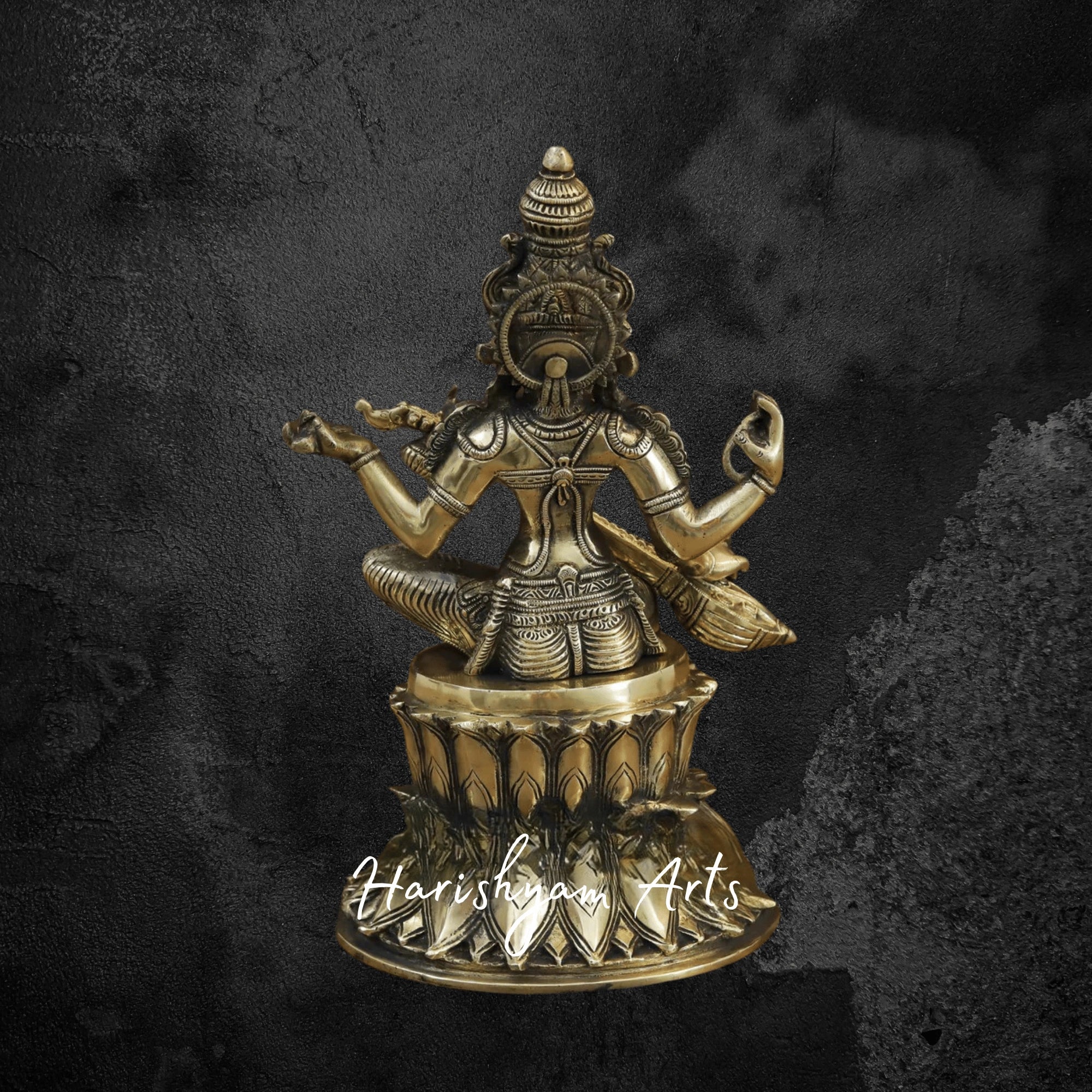 14" Graceful Brass Saraswati Statue Seated on Lotus with Fine Golden Finish
