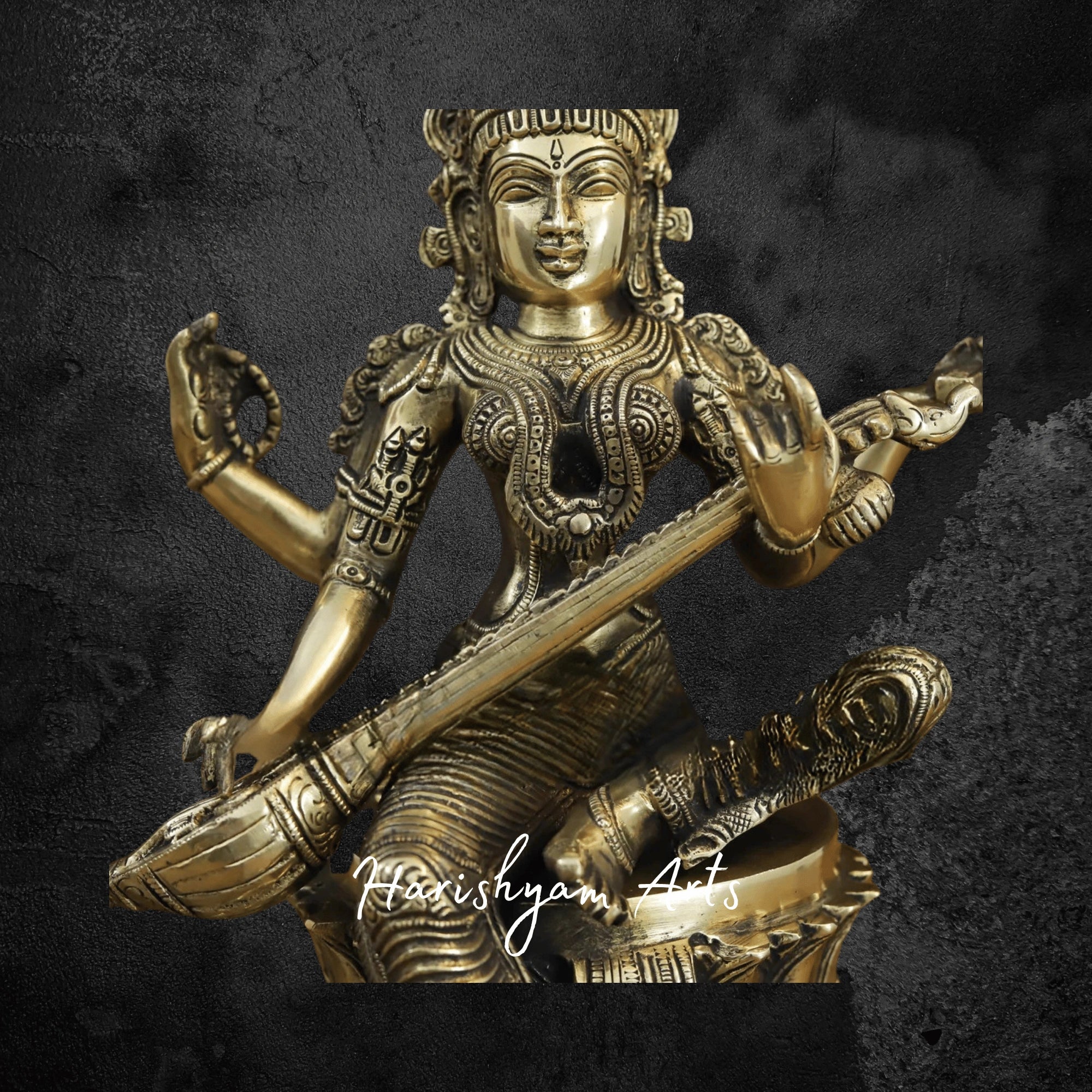 14" Graceful Brass Saraswati Statue Seated on Lotus with Fine Golden Finish