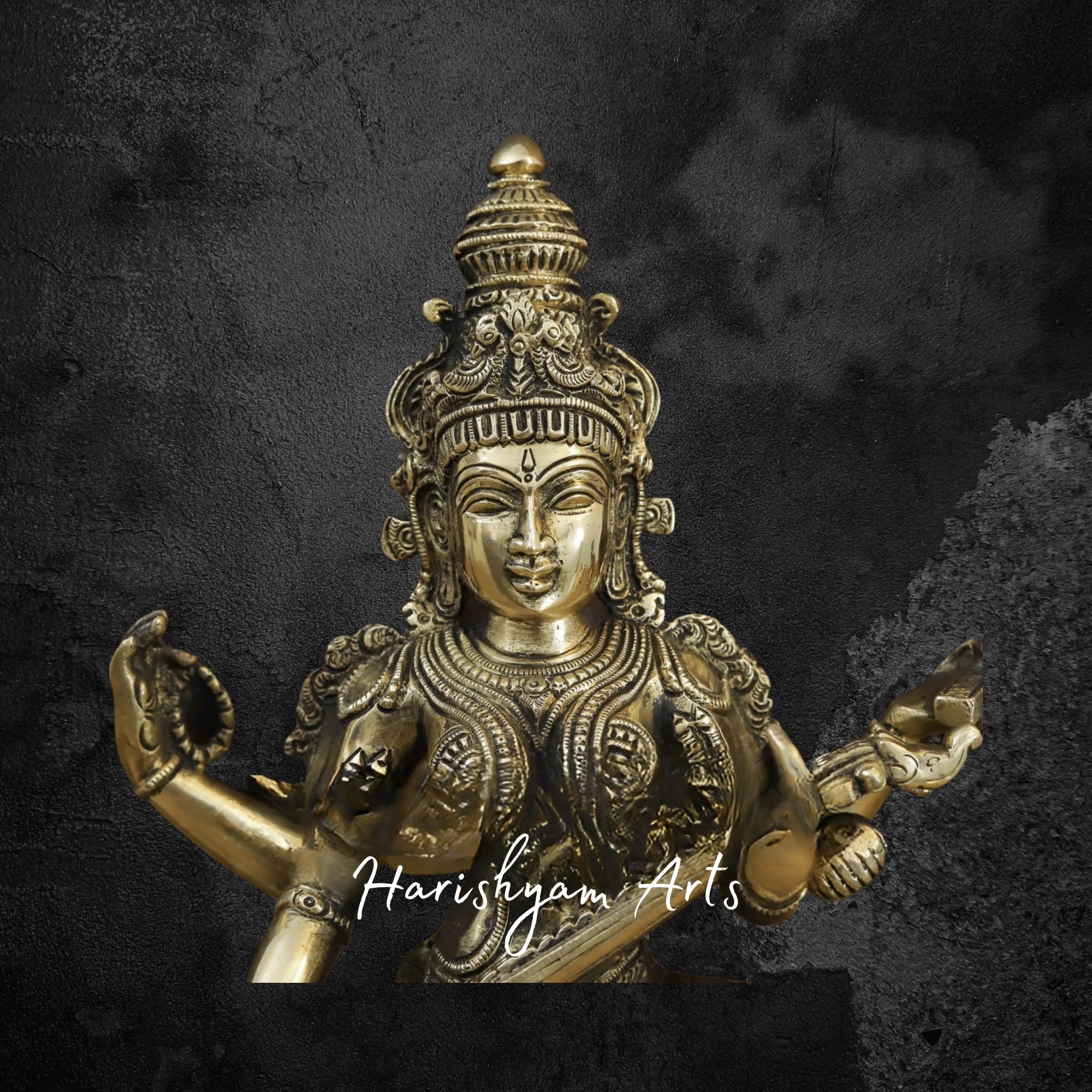 14" Graceful Brass Saraswati Statue Seated on Lotus with Fine Golden Finish