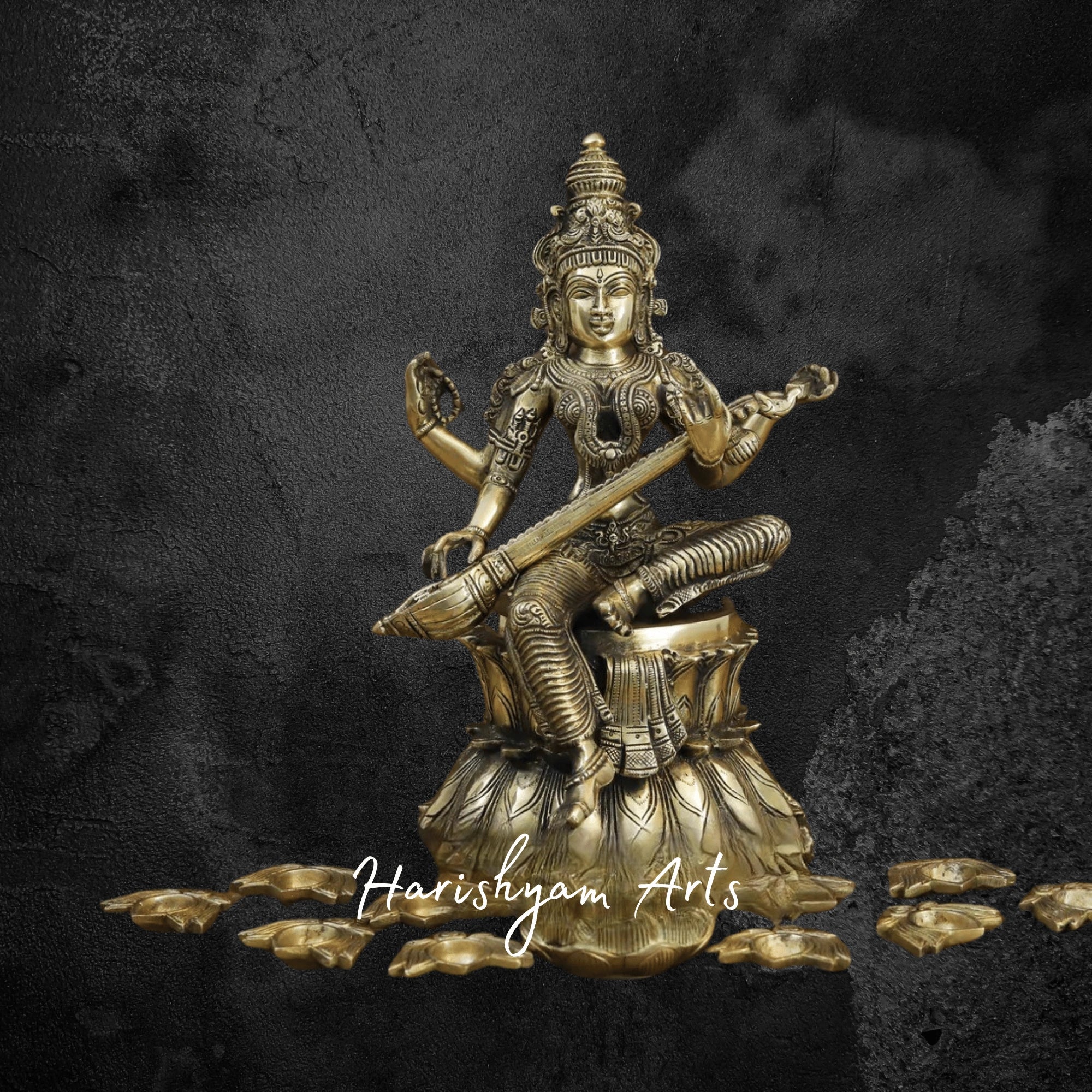 14" Graceful Brass Saraswati Statue Seated on Lotus with Fine Golden Finish