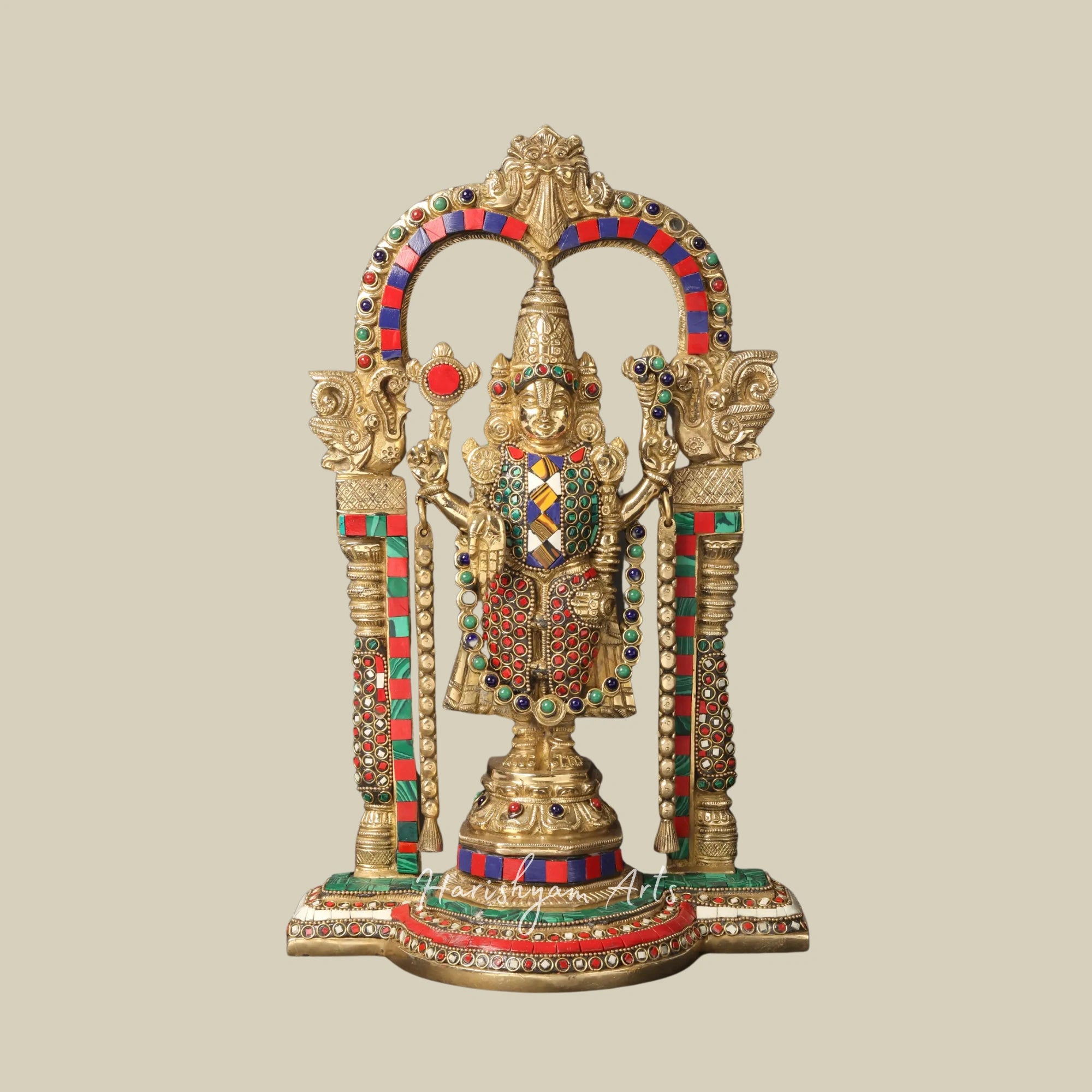 14" Lord Venkateswara Brass Statue with Arch and Intricate Inlay Work