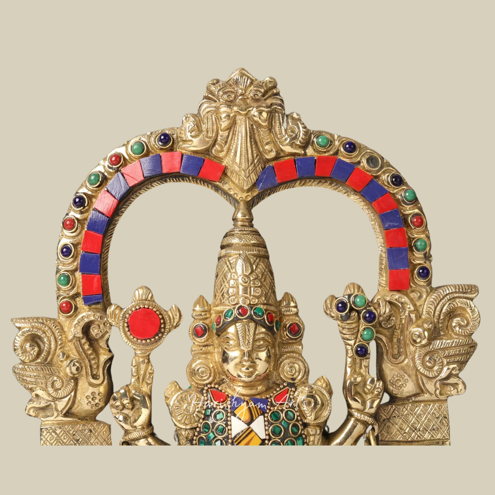 14" Lord Venkateswara Brass Statue with Arch and Intricate Inlay Work