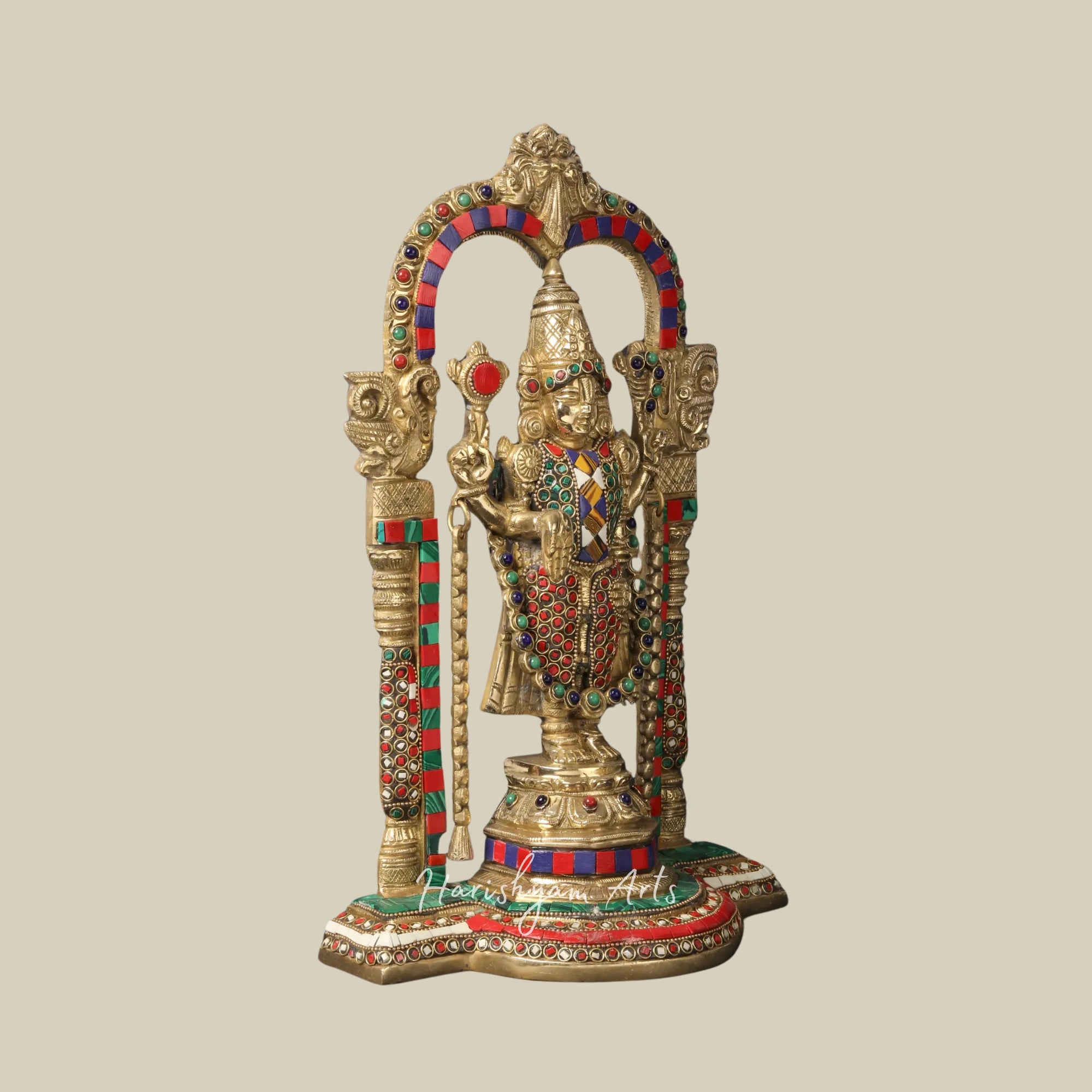14" Lord Venkateswara Brass Statue with Arch and Intricate Inlay Work