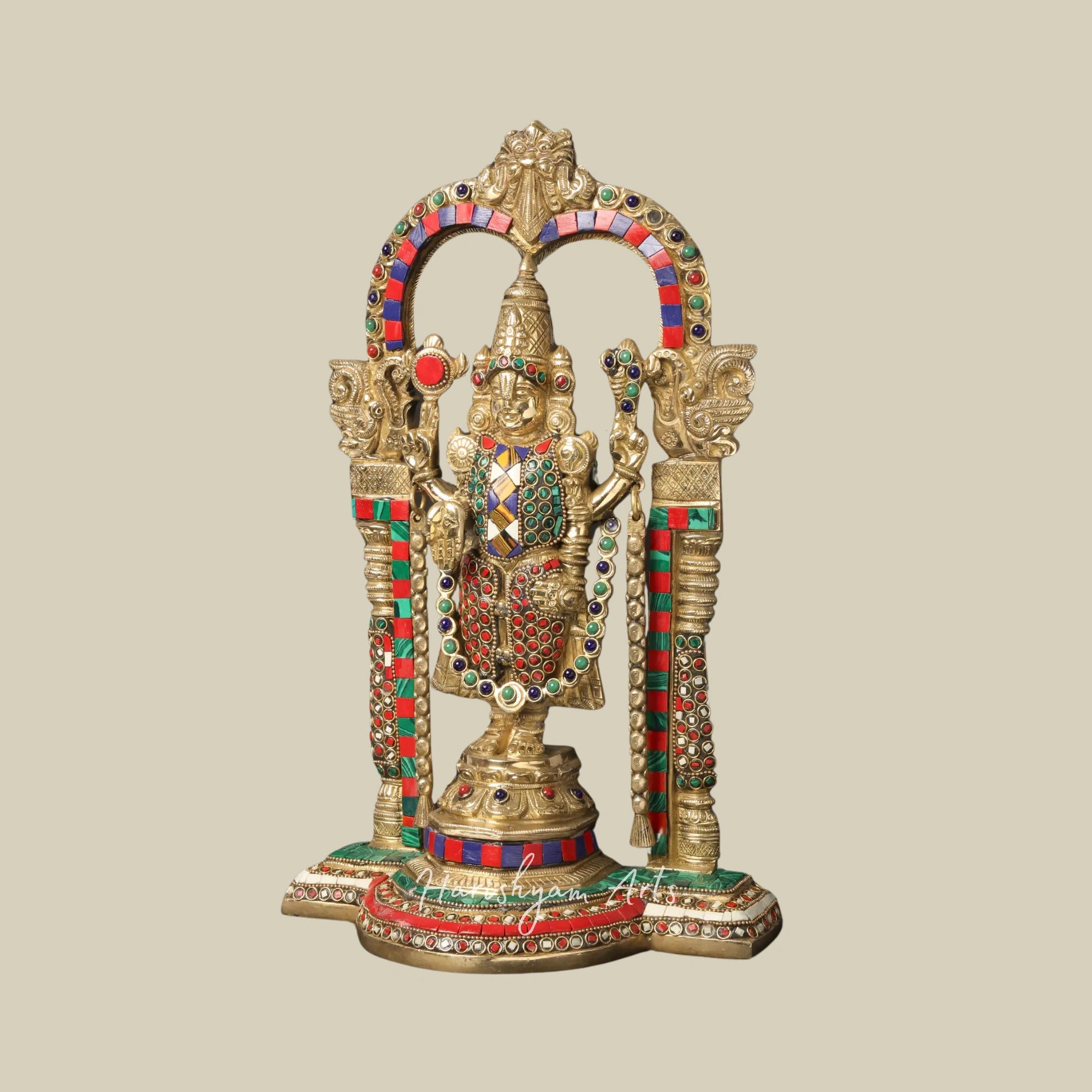 14" Lord Venkateswara Brass Statue with Arch and Intricate Inlay Work