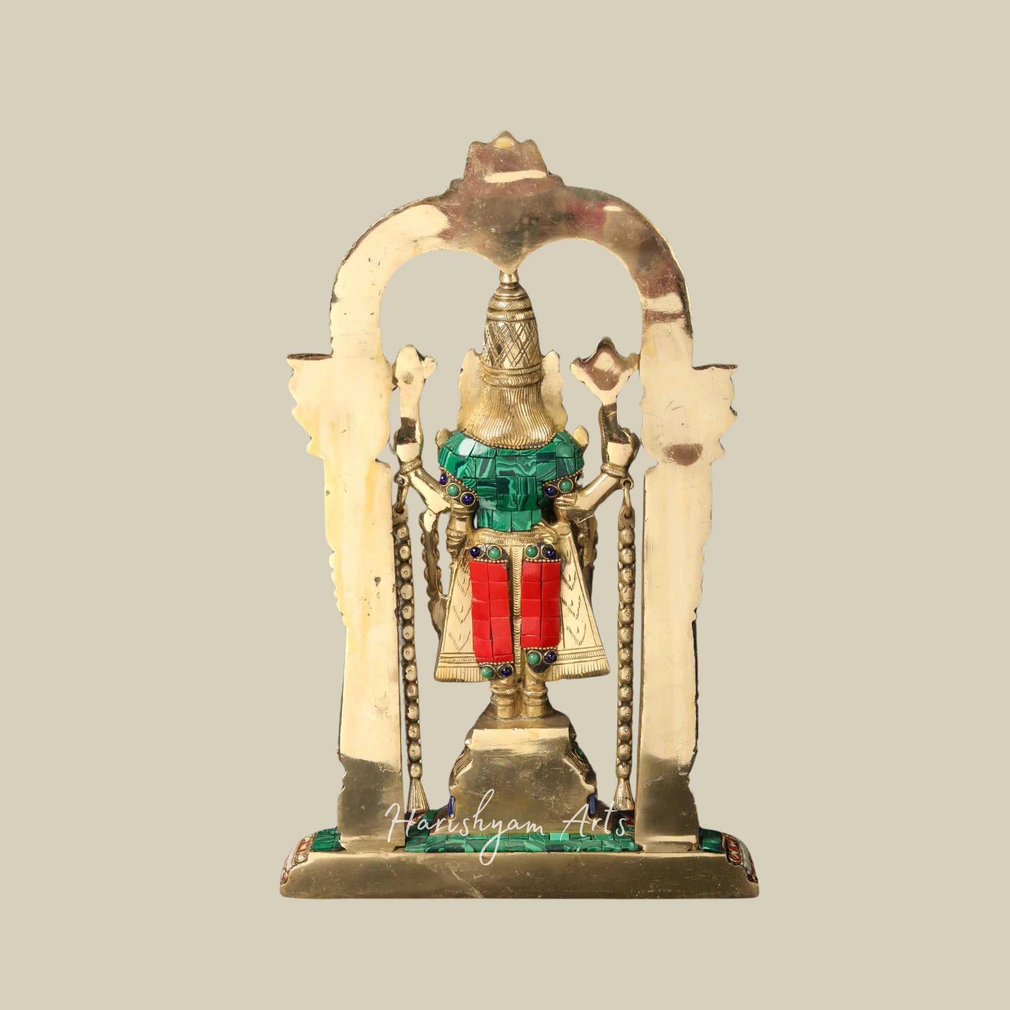 14" Lord Venkateswara Brass Statue with Arch and Intricate Inlay Work