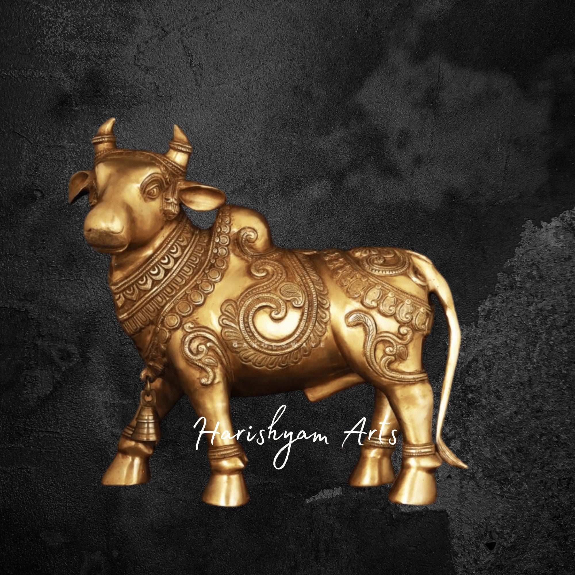 14" Mythological Nandi Brass Idol with Sacred Symbol Engravings