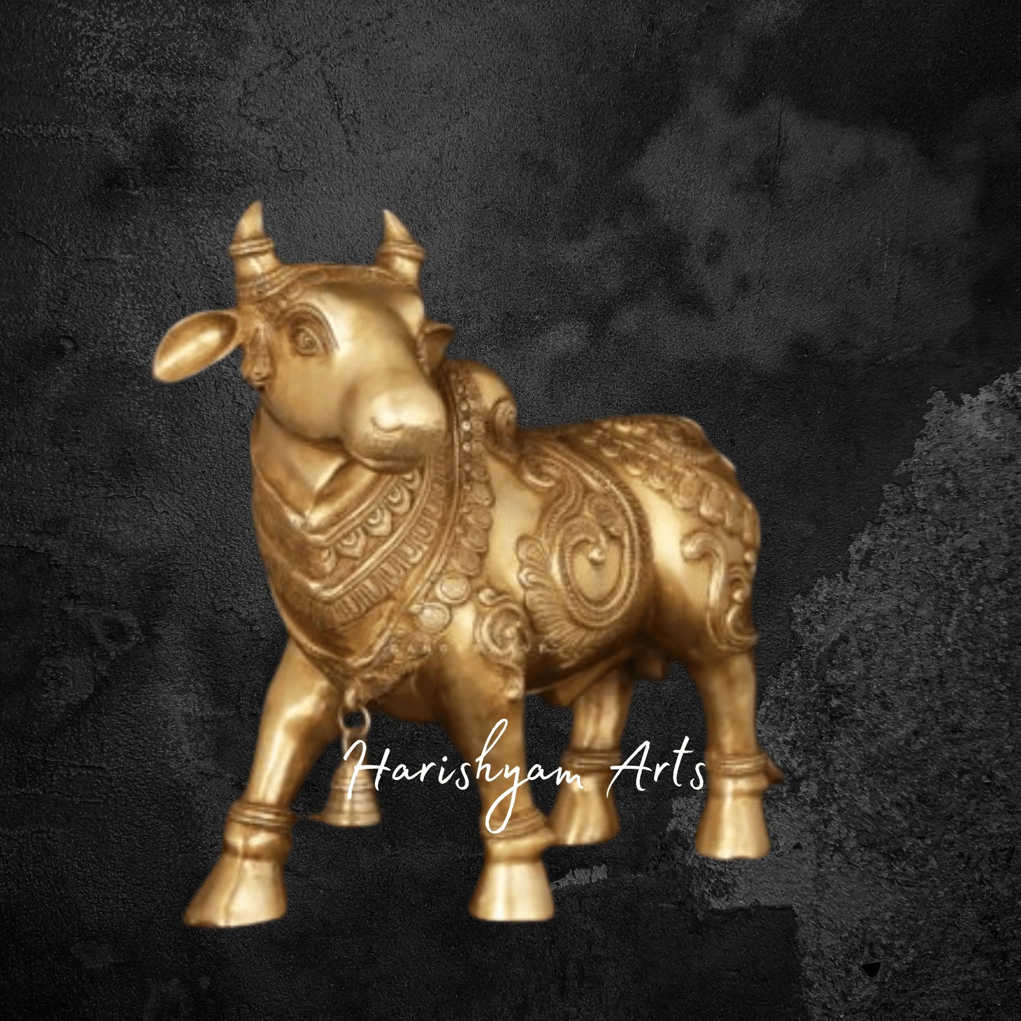 14" Mythological Nandi Brass Idol with Sacred Symbol Engravings