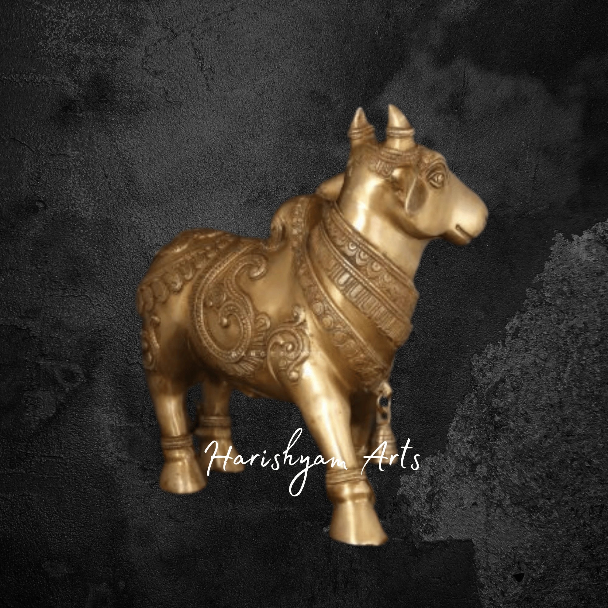 14" Mythological Nandi Brass Idol with Sacred Symbol Engravings