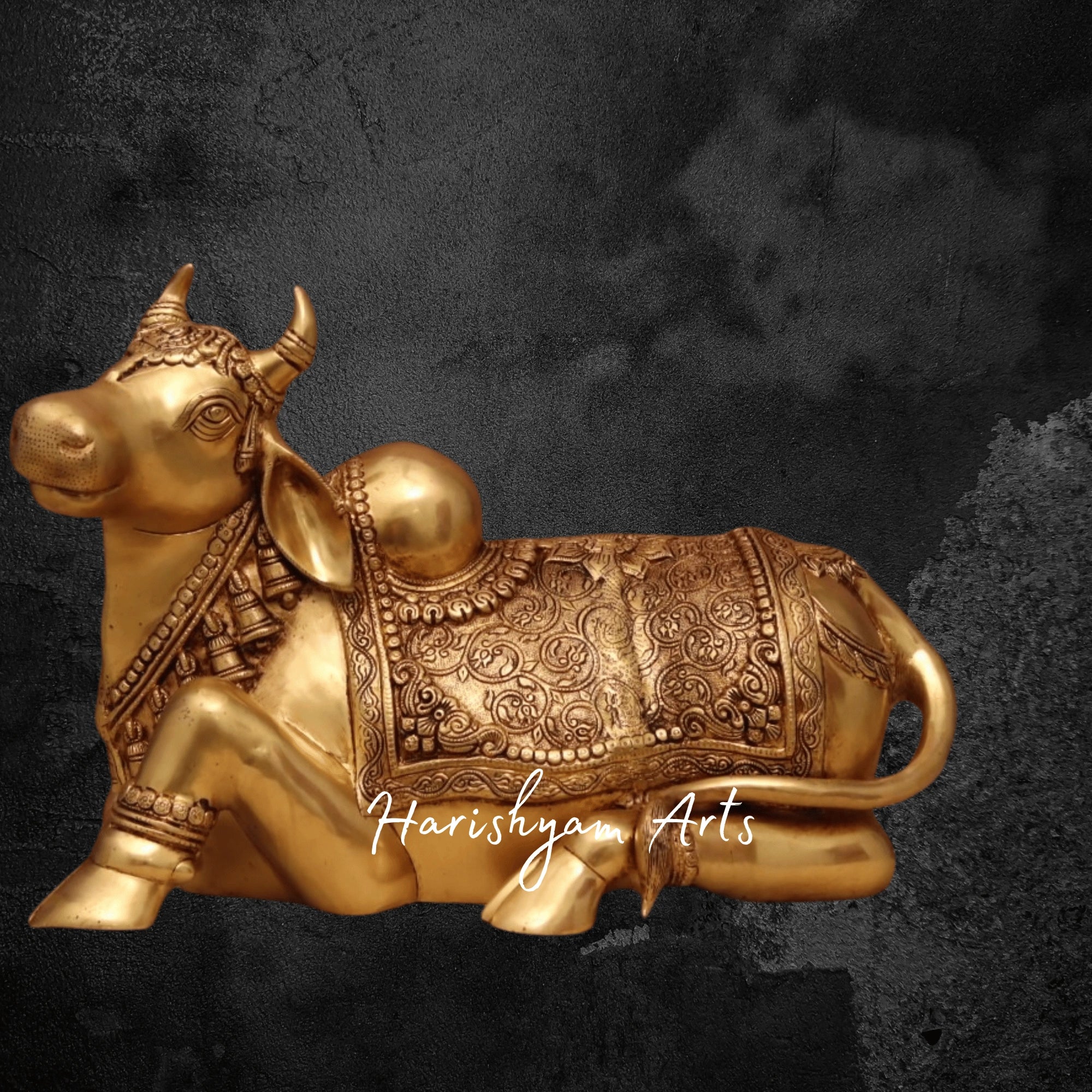 14" Sitting Nandi Idol in Brass with Antique Look for Pooja Mandir