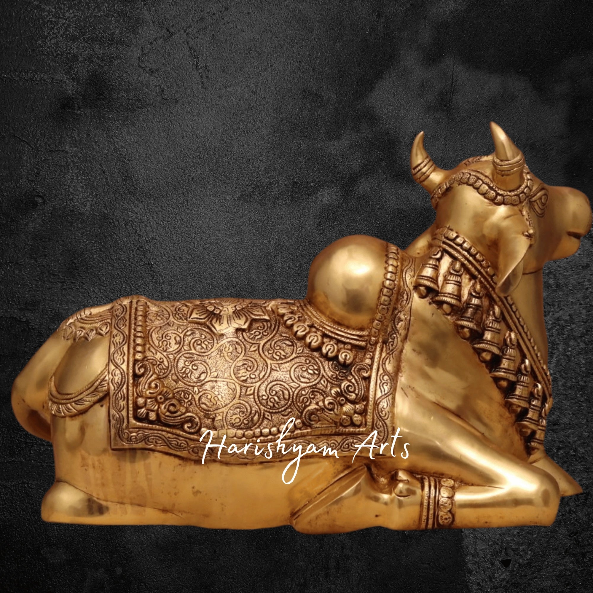 14" Sitting Nandi Idol in Brass with Antique Look for Pooja Mandir