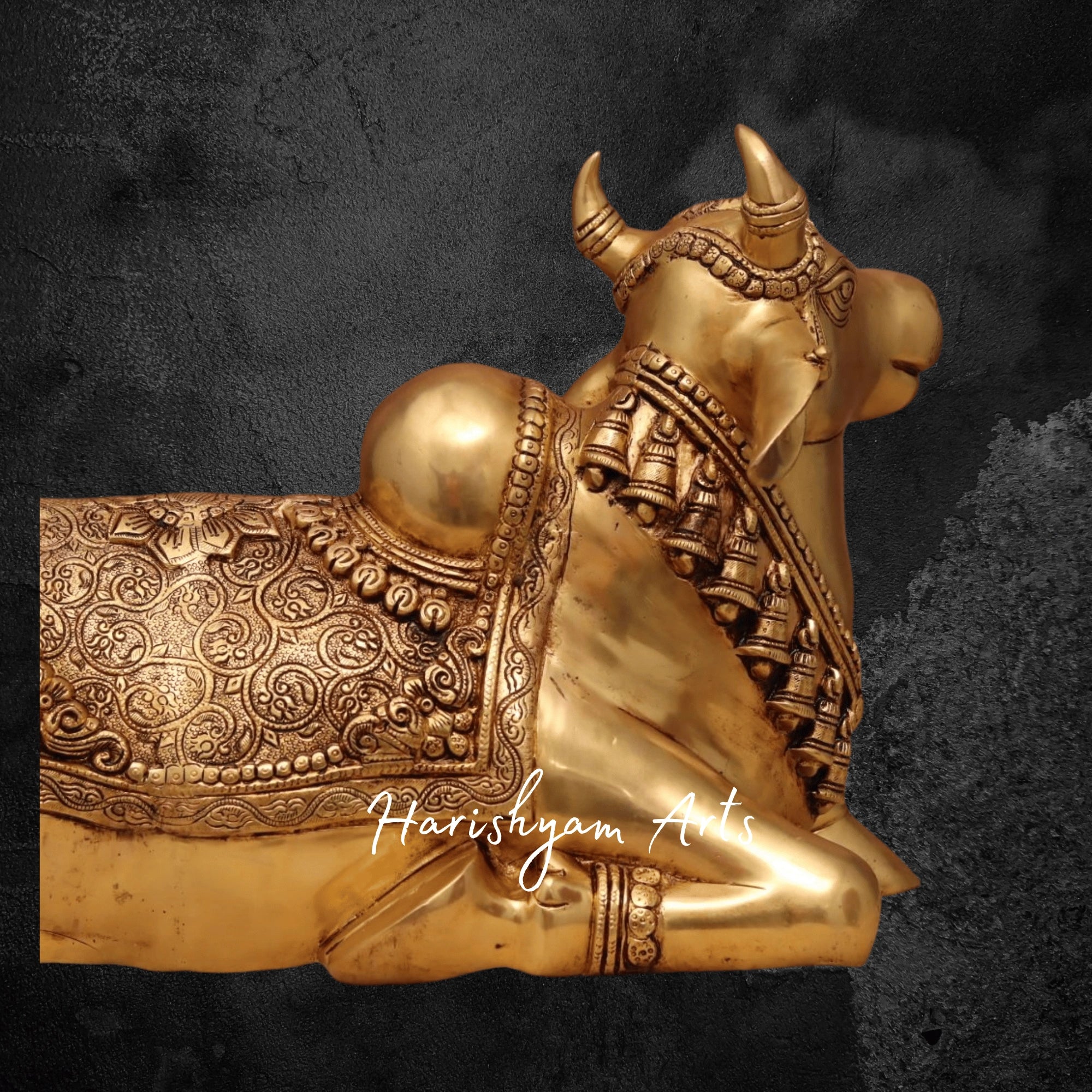 14" Sitting Nandi Idol in Brass with Antique Look for Pooja Mandir