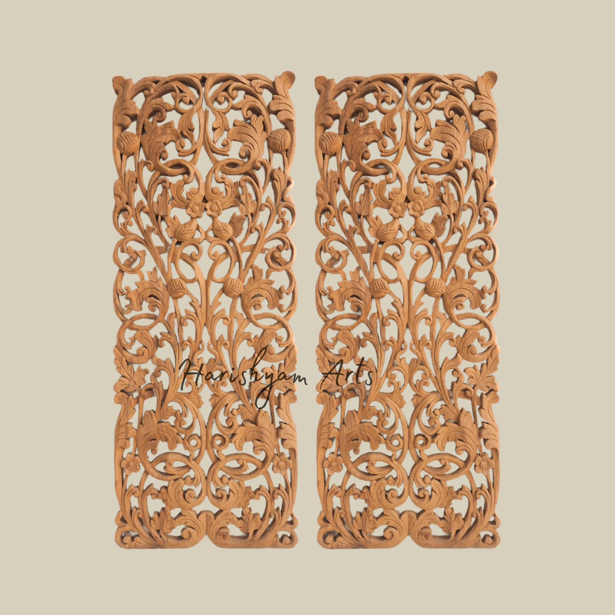 14" Carved Teak Wood Floral Wall Art Hanging in Pair
