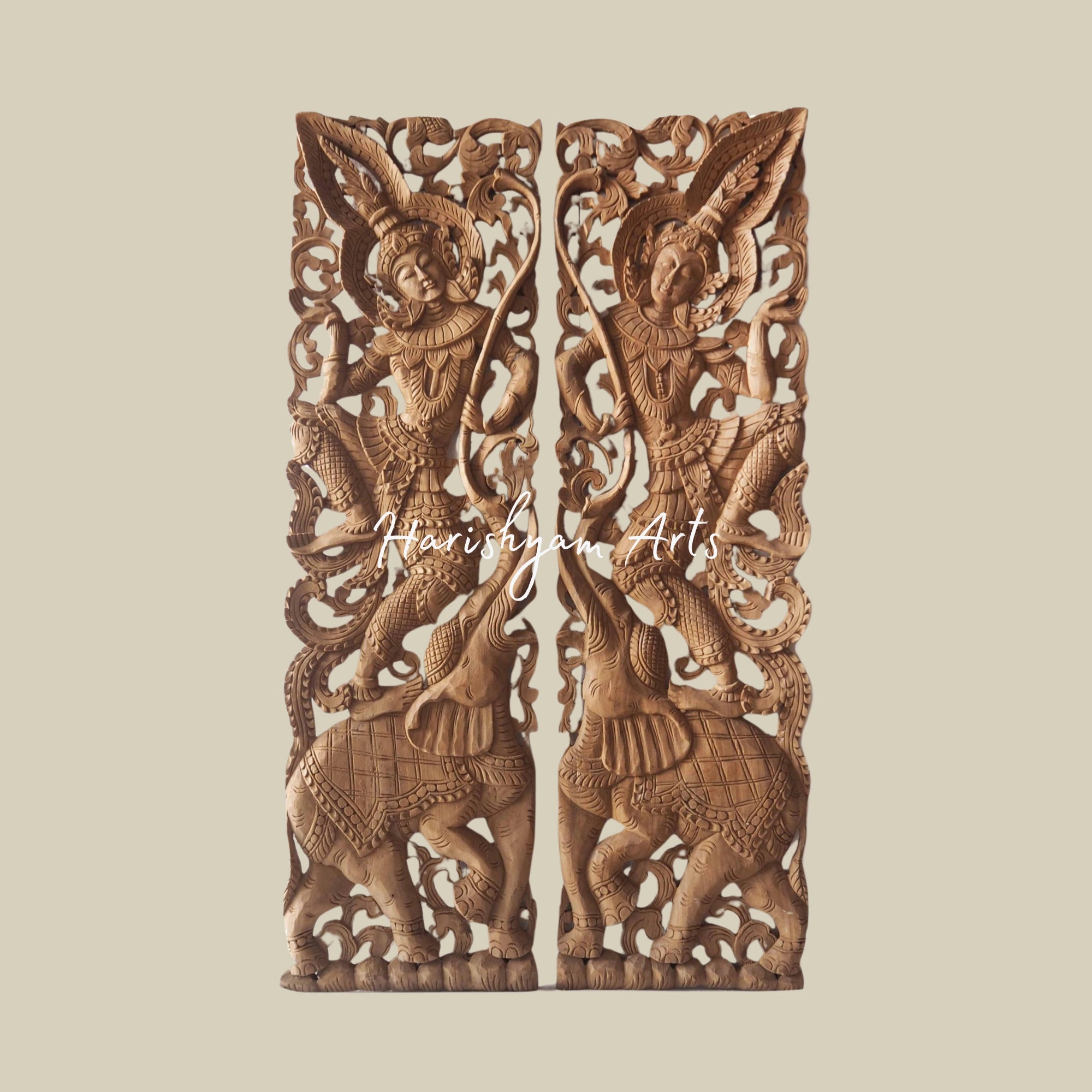 14" Pair of Handcrafted Wooden Wall Hangings of Thai Angels